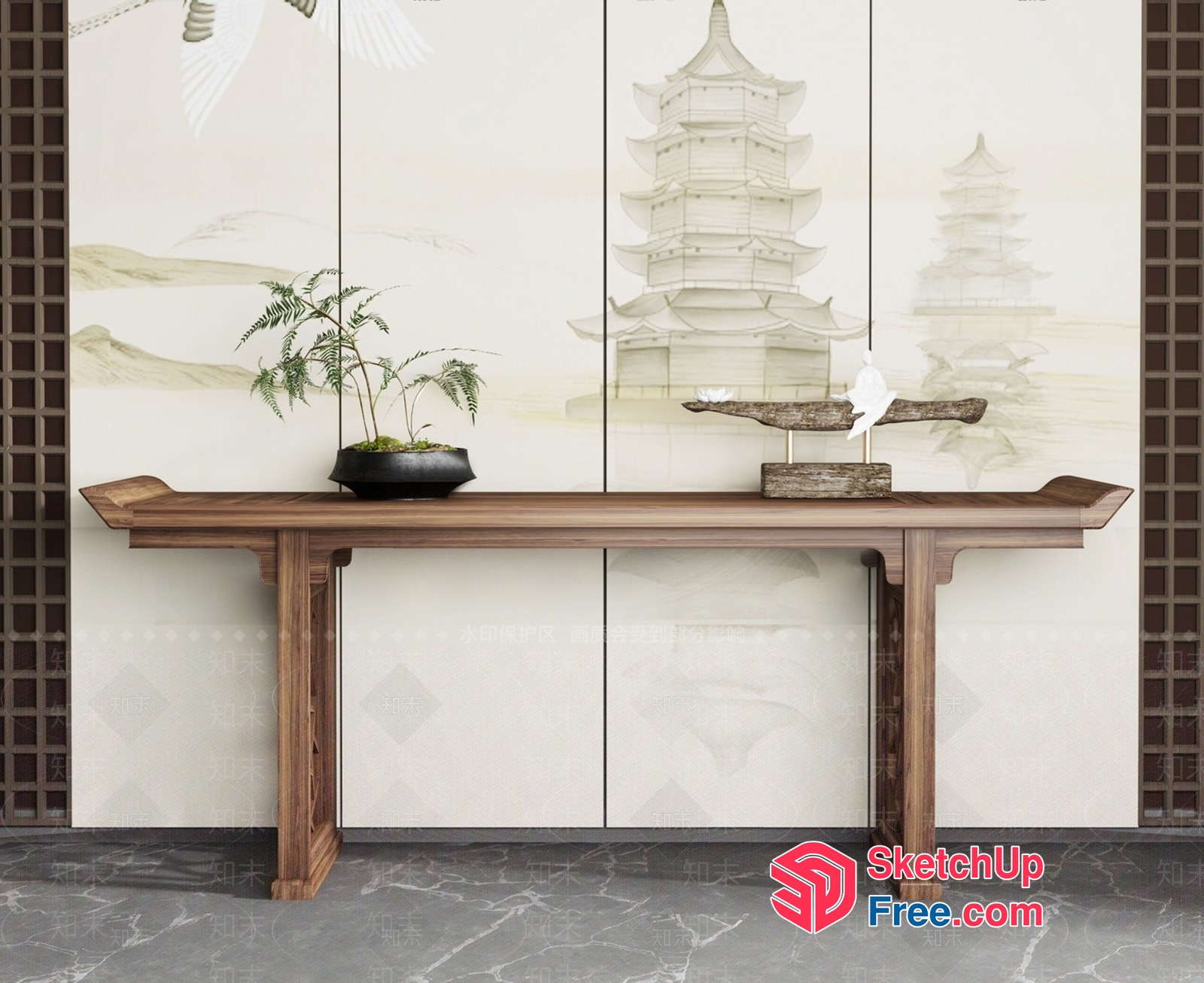 Elegant Japanese-Inspired Console Table With Asian Decor 3D SketchUp File