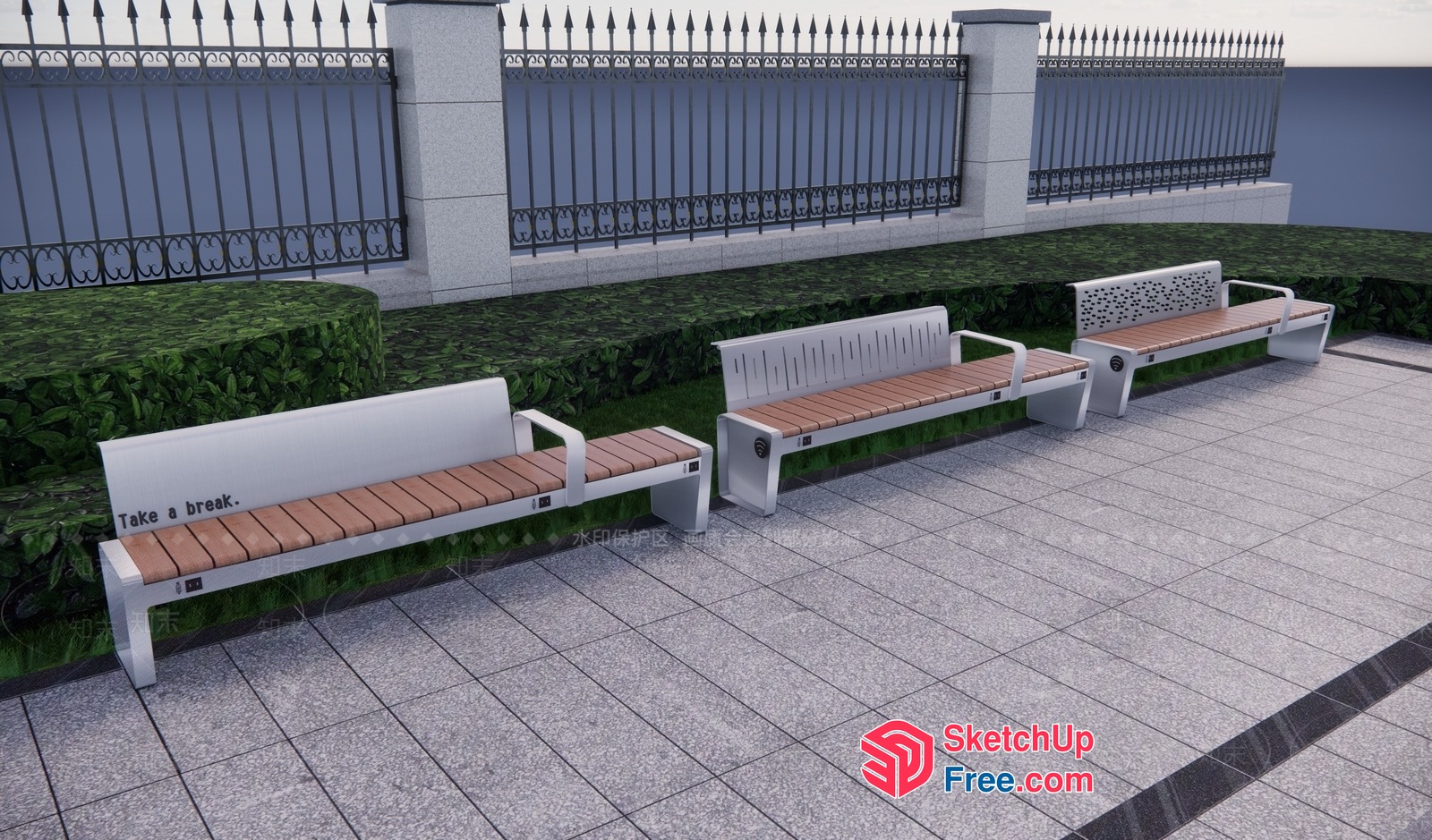 Outdoor Seating Area With Benches And Greenery 3D SketchUp File