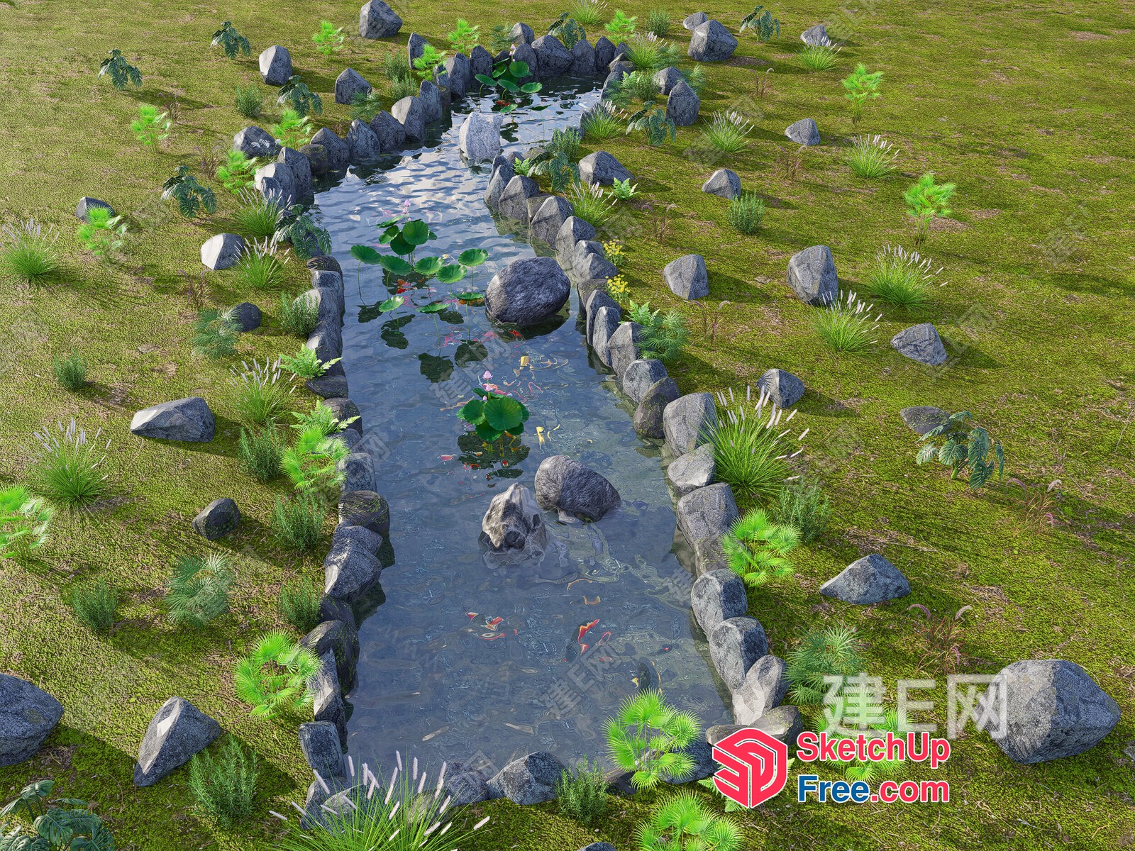 Serene Waterway With Lush Greenery And Stones 3D SketchUp File