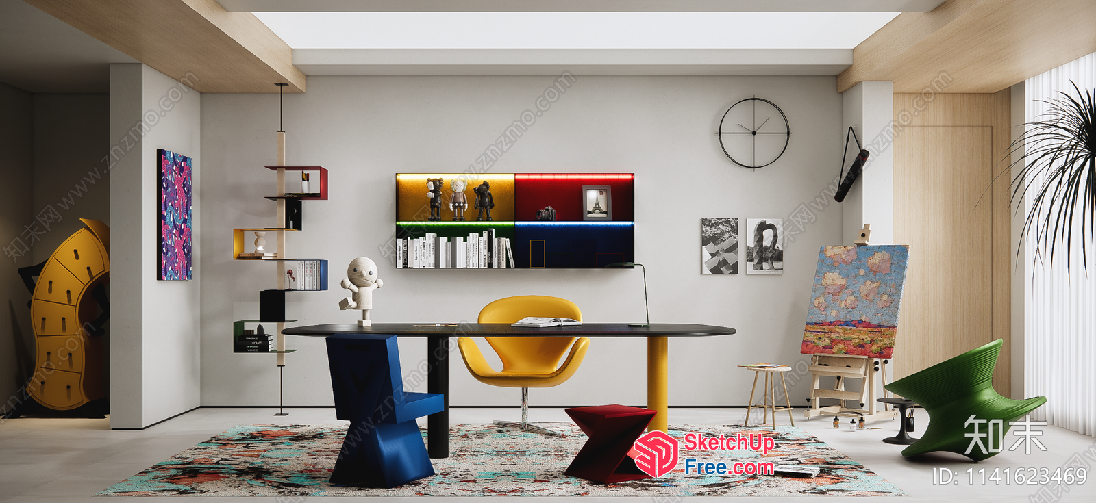 Modern Minimalist Office Space With Vibrant Artwork 3D SketchUp File