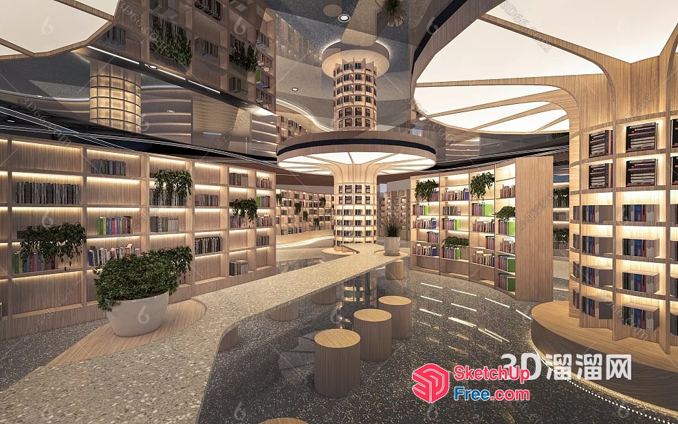 Modern Library Interior With Natural Wood Accents And Greenery 3D SketchUp File
