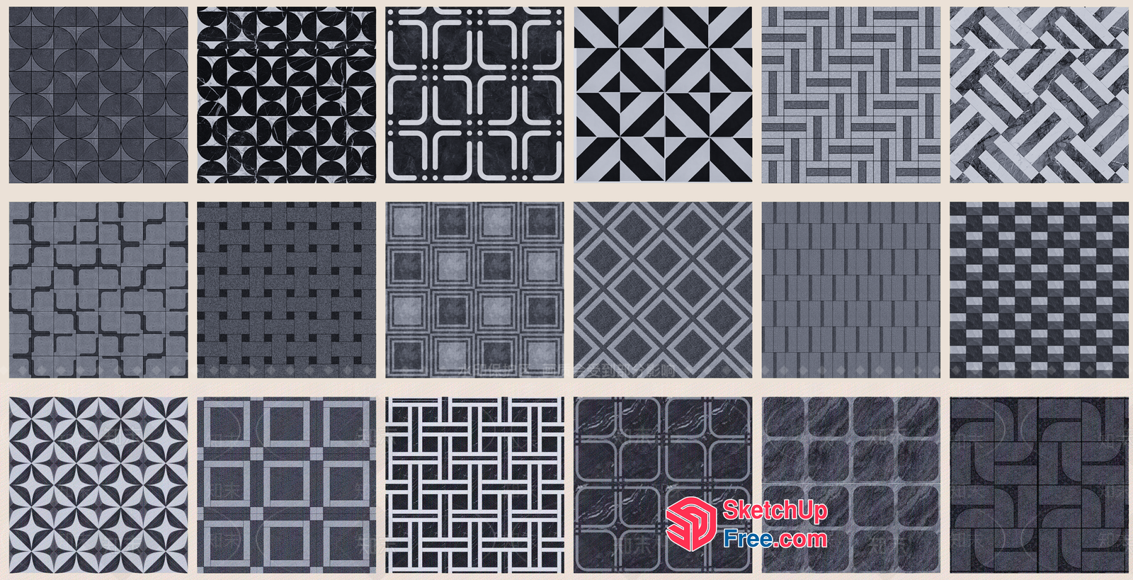 Modern Geometric Patterns On Gray Tiles 3D SketchUp File
