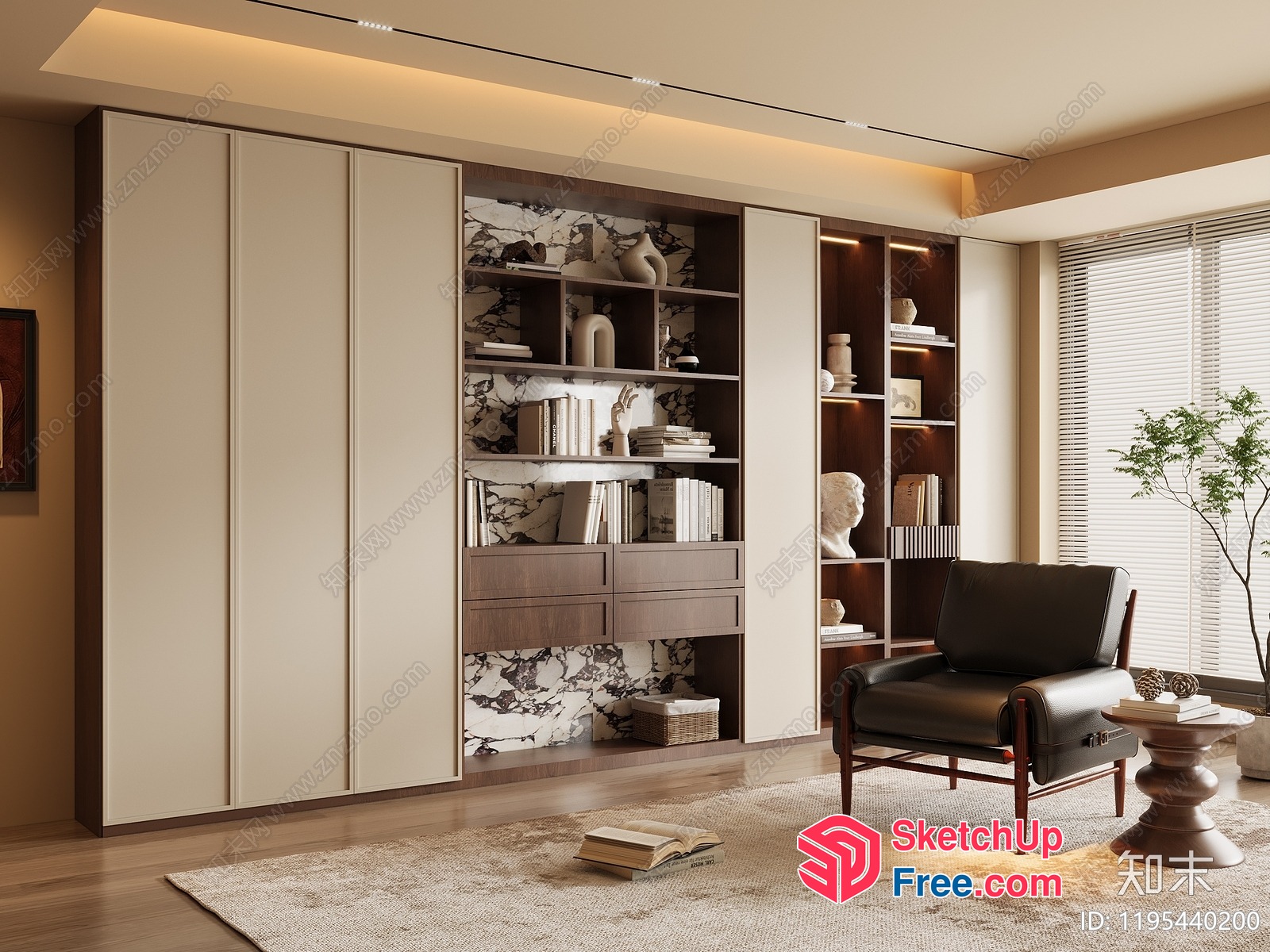 Modern Minimalist Living Room With Bookshelf And Armchair 3D SketchUp File
