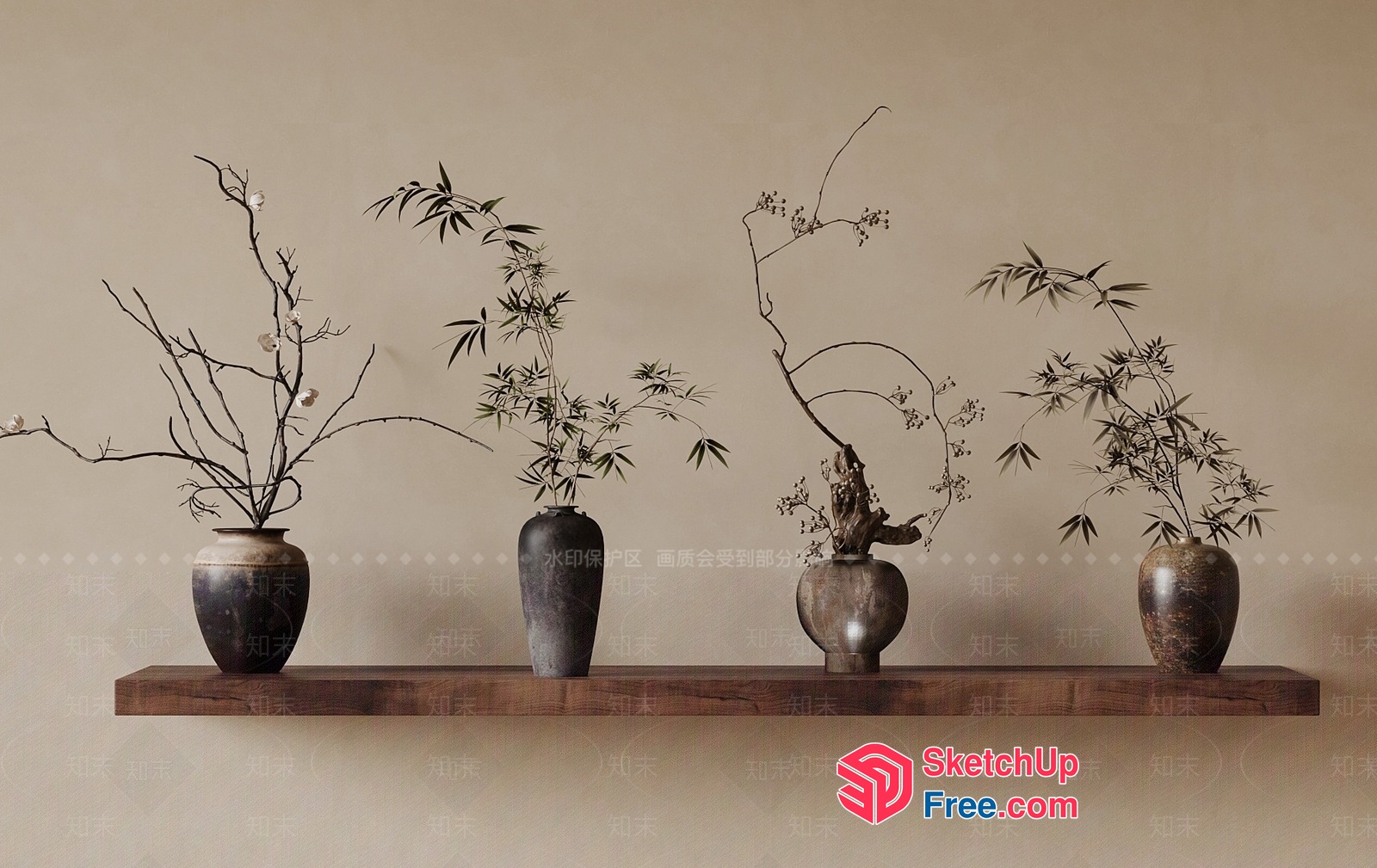 Elegant Japanese Decor With Vases And Branches 3D SketchUp File
