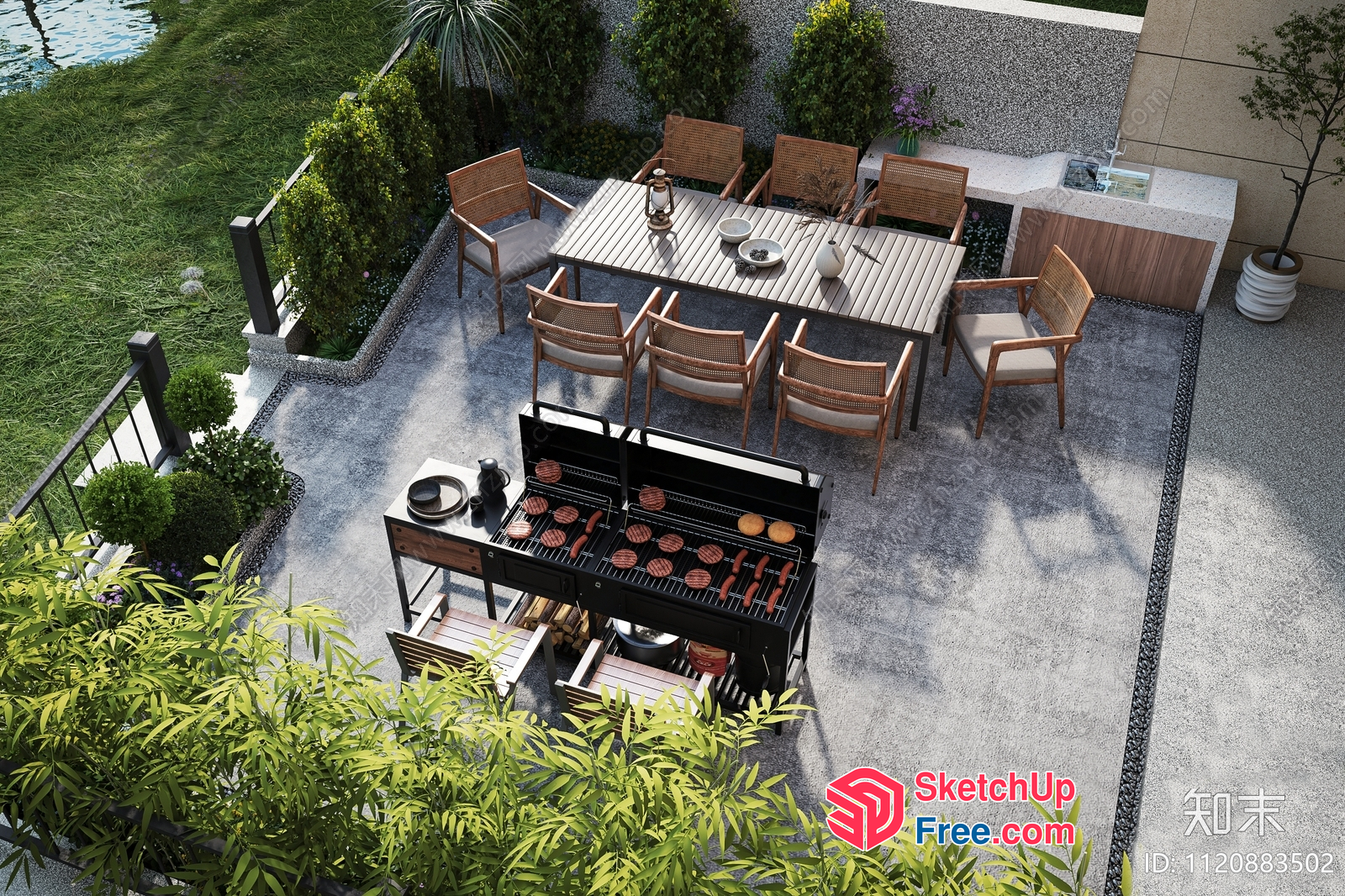 Outdoor Barbecue Area With Dining Table And Chairs 3D SketchUp File