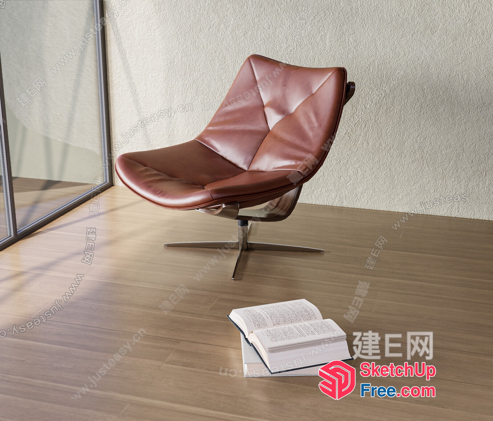 Cozy Leather Chair With Open Book And Glass Door 3D SketchUp File