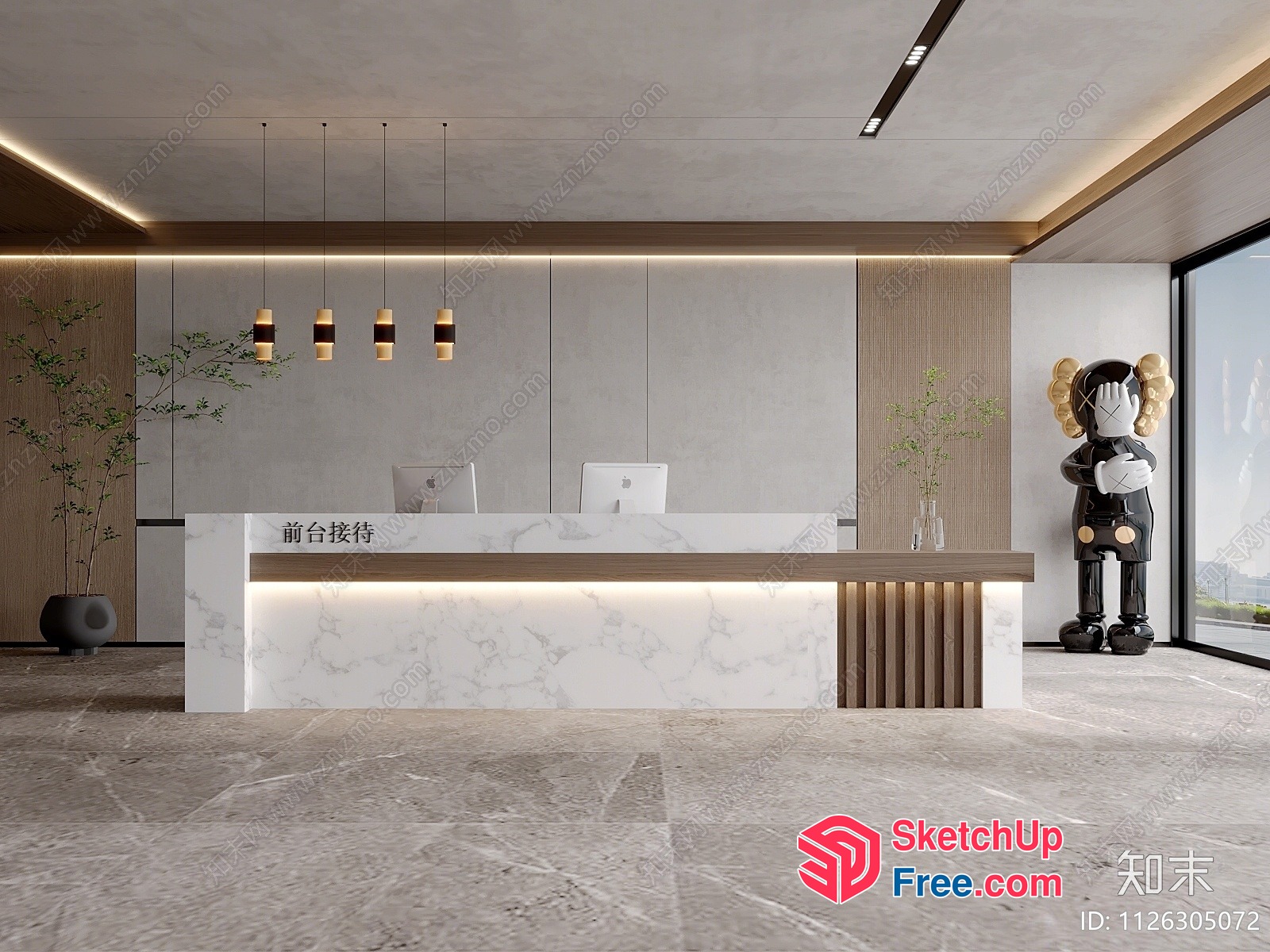Modern Office Reception Desk With Marble And Wood Accents 3D SketchUp File