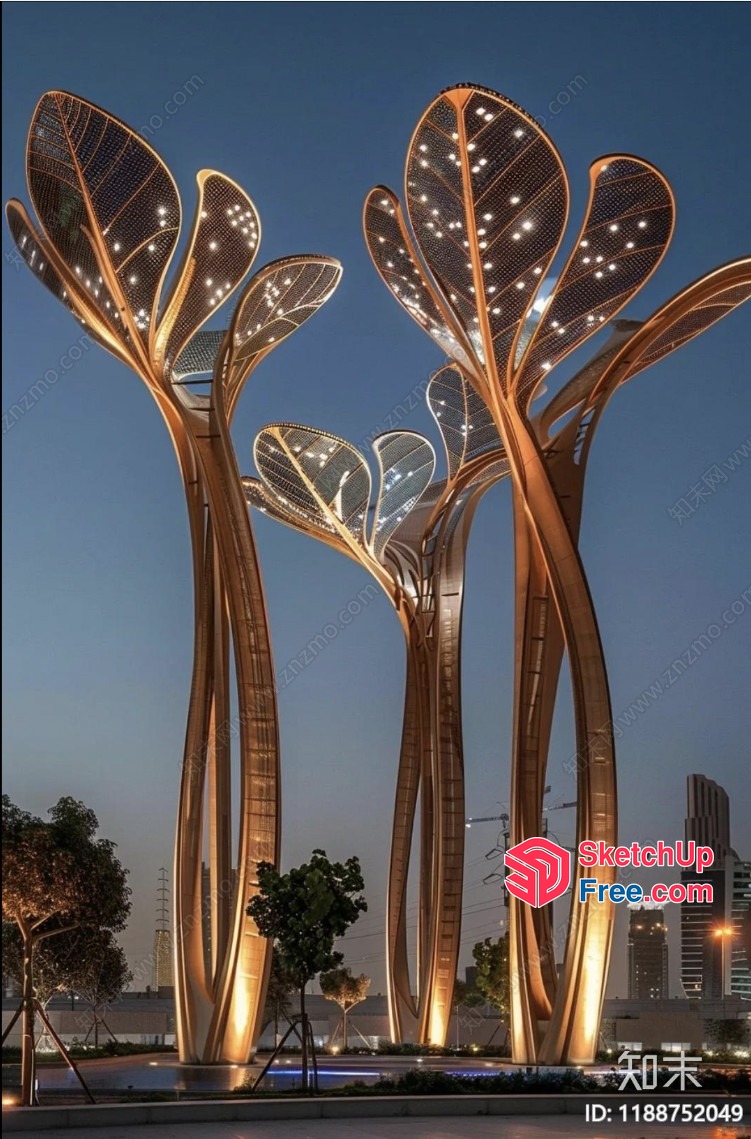 Tall Illuminated Tree Sculptures In Urban Setting 3D SketchUp File