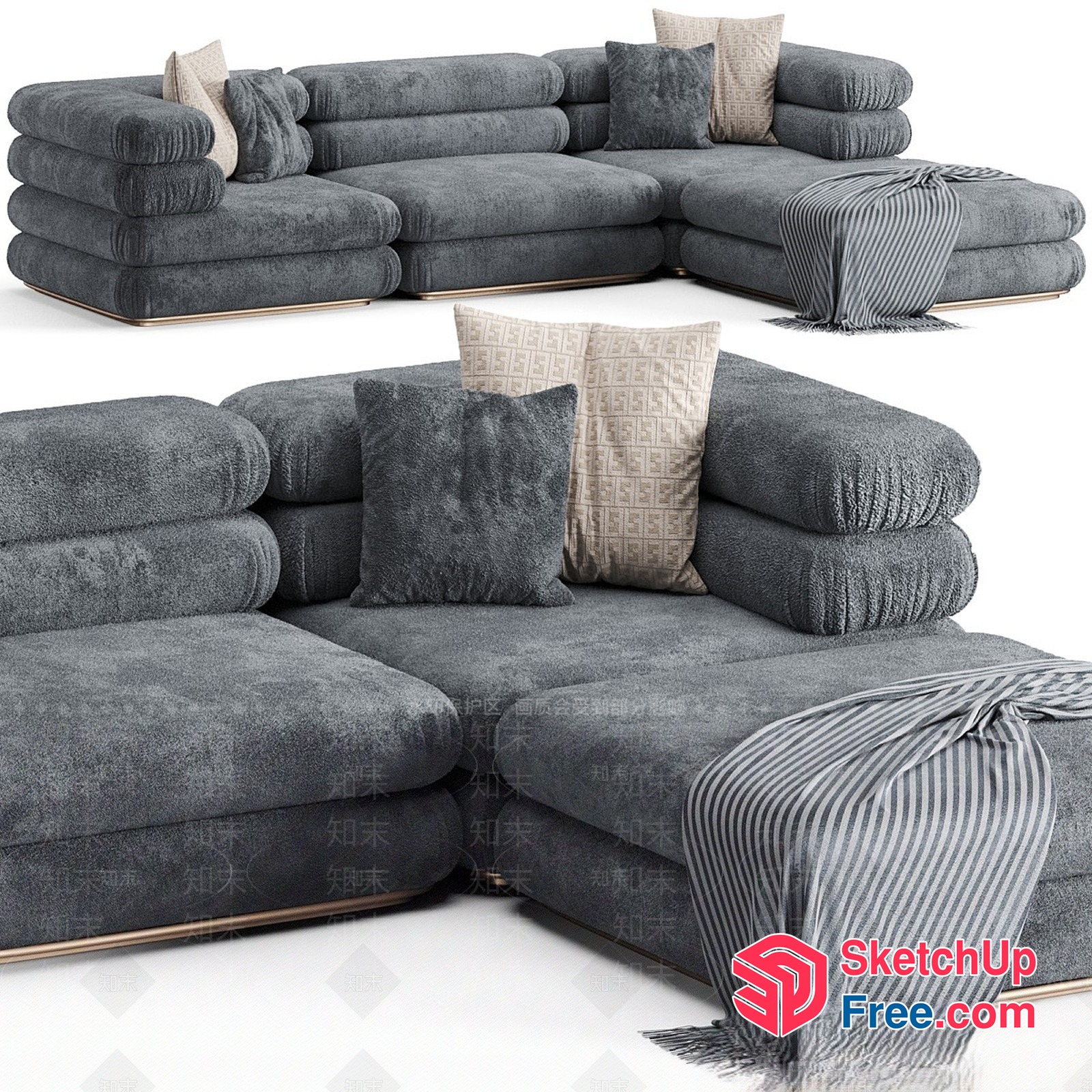 Luxurious Gray L-Shaped Sofa With Pillows And Throw Blanket 3D SketchUp File