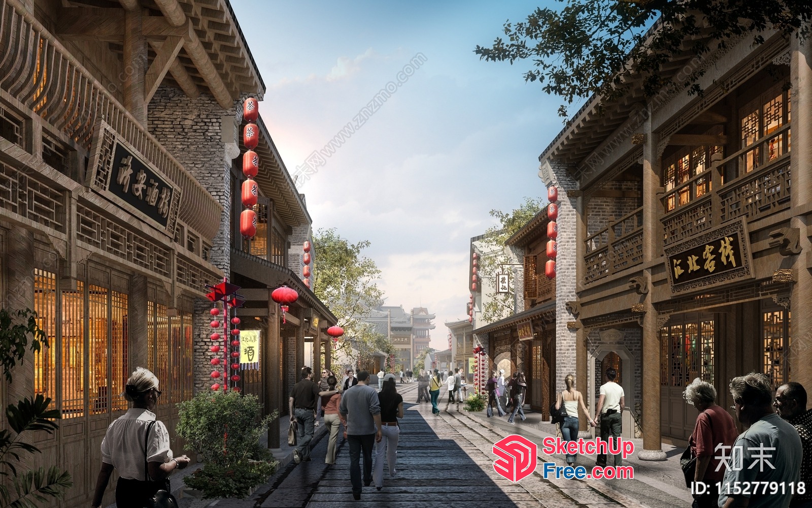 Commercial Street With Traditional Chinese Architecture 3D SketchUp File