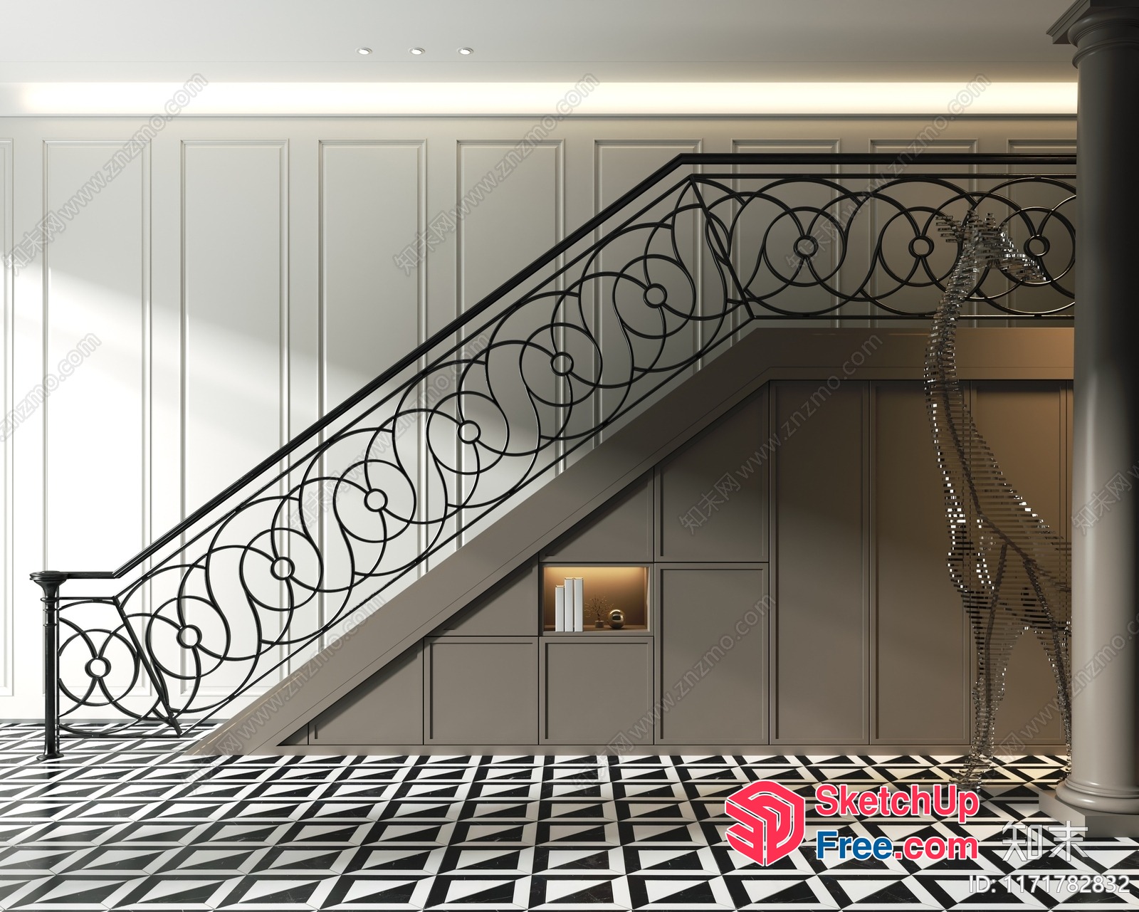 Elegant Staircase With Ornate Railing 3D SketchUp File