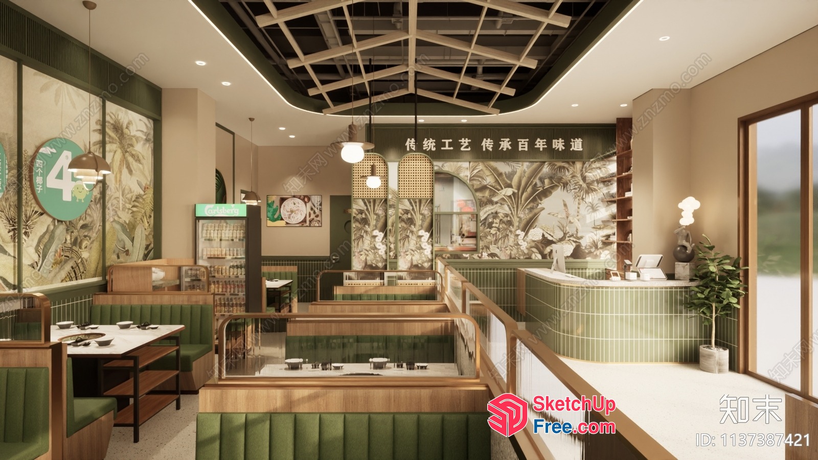 Modern Restaurant Interior With Green And Natural Decor 3D SketchUp File