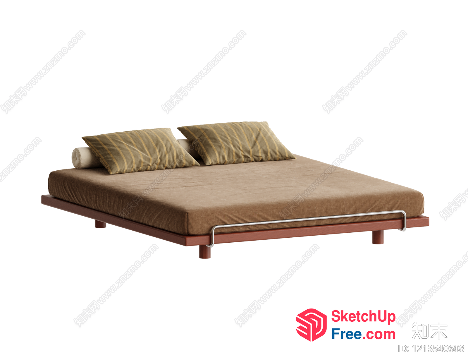 Modern Minimalist Bed With Pillows And Brown Cover 3D SketchUp File