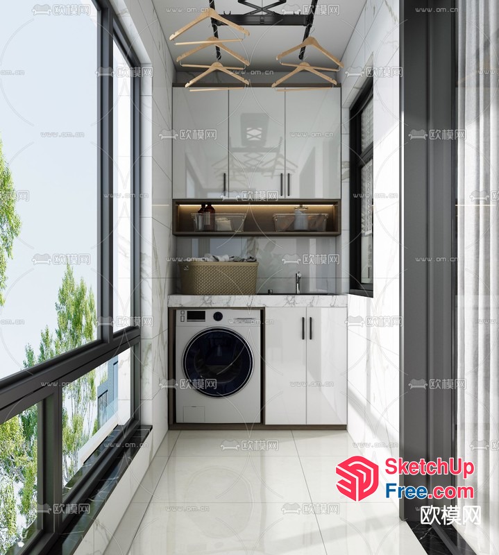 Modern Laundry Room With Balcony And Large Windows 3D SketchUp File