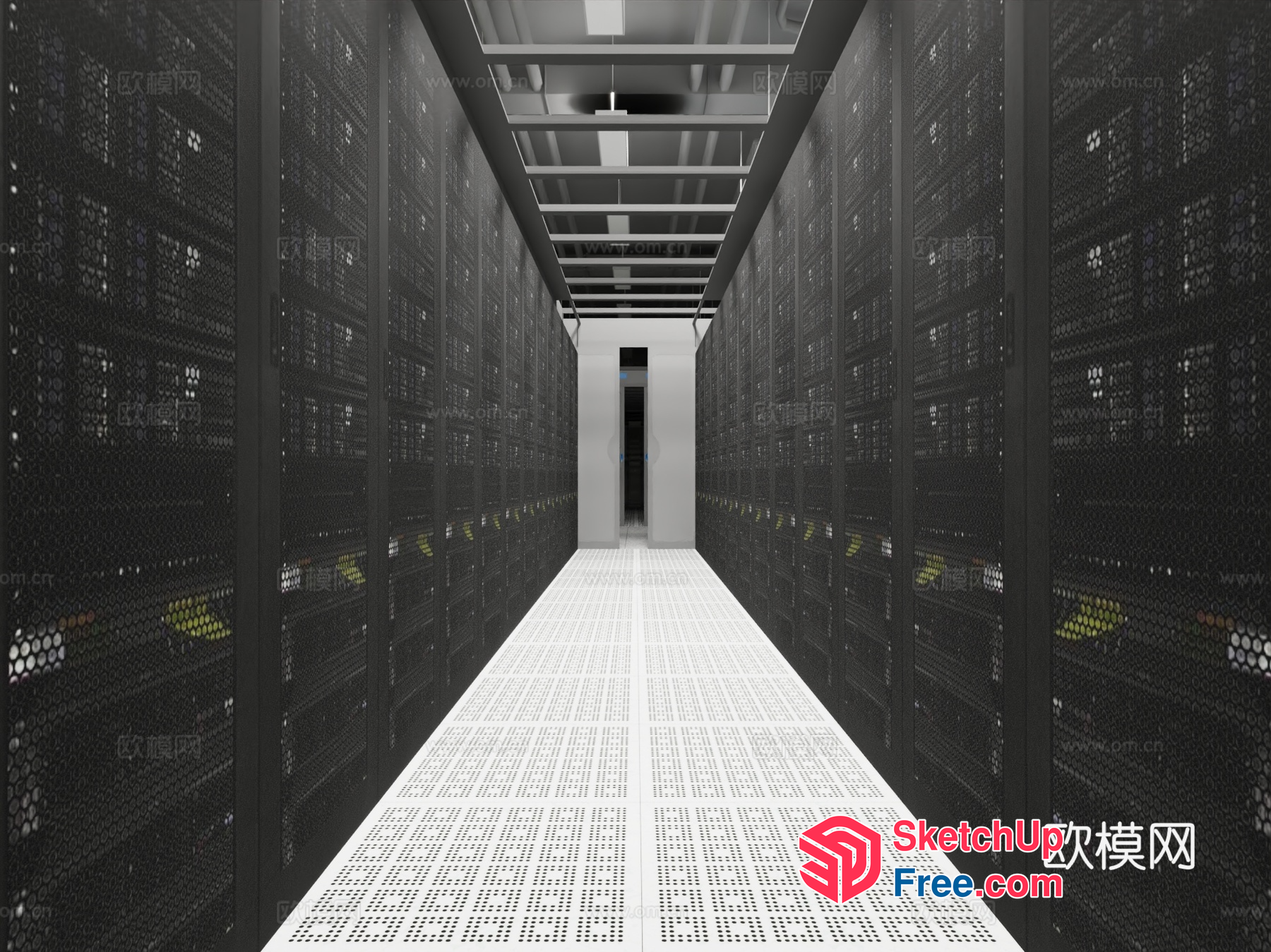 Server Room Interior With Rows Of Racks And White Flooring 3D SketchUp File