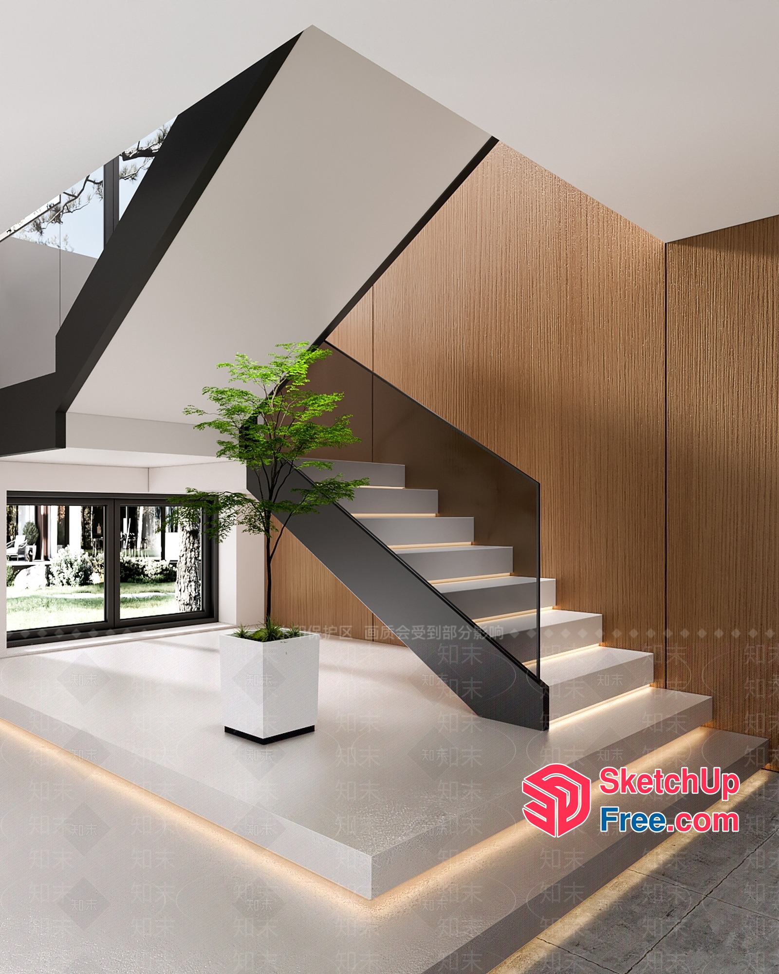 Modern Staircase With Glass Railing And Potted Plant 3D SketchUp File