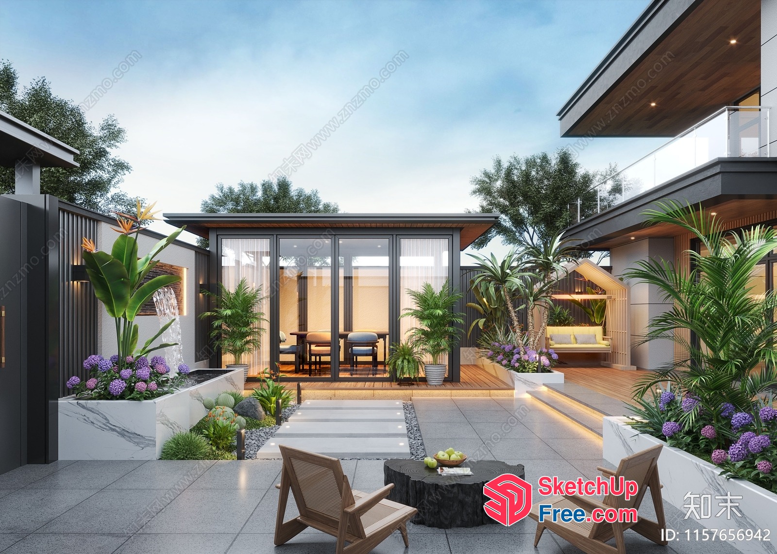 Elegant Modern Exterior Villa With Beautiful Garden 3D SketchUp File