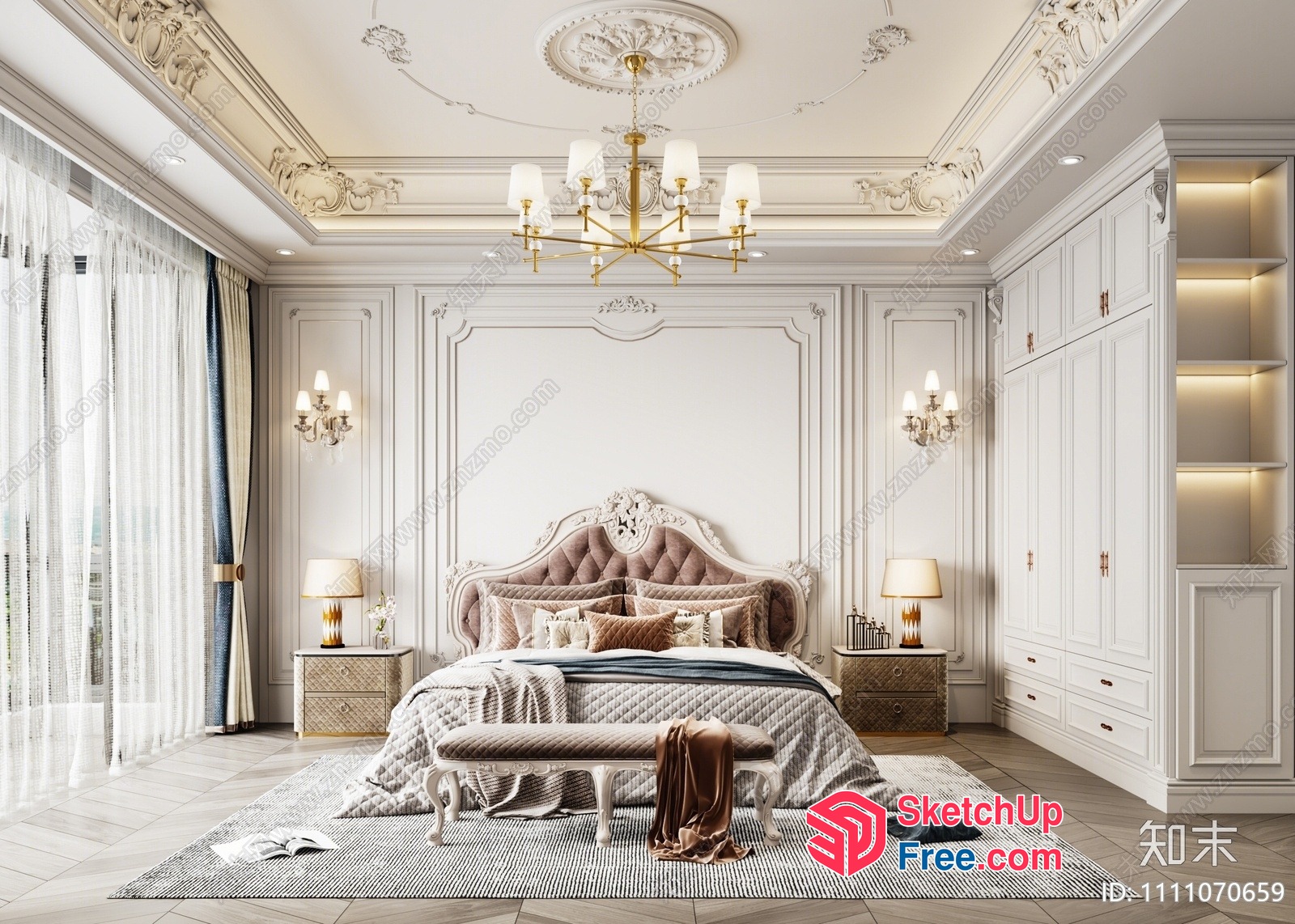 Classic European Style Bedroom With Ornate Carved Headboard 3D SketchUp File