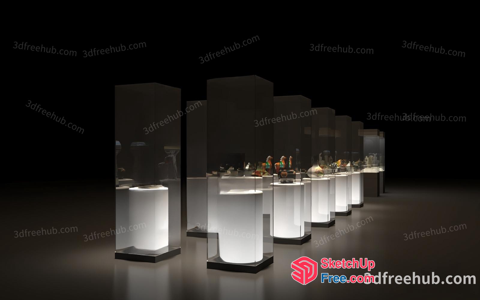 Museum Display Cases With Glass And White Lighting 3D SketchUp File