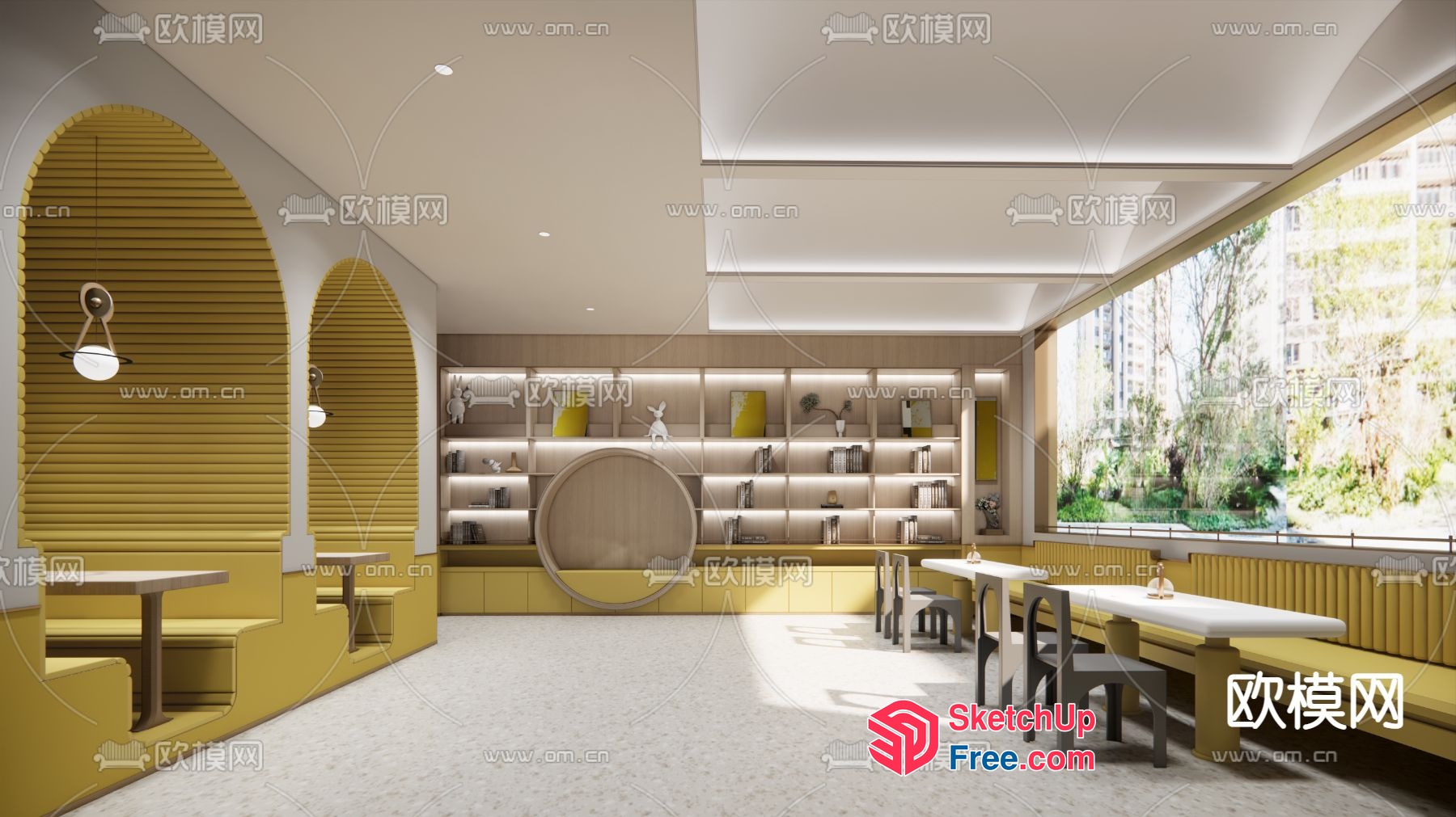 Modern Yellow And White Dining Room With Built-In Shelves 3D SketchUp File