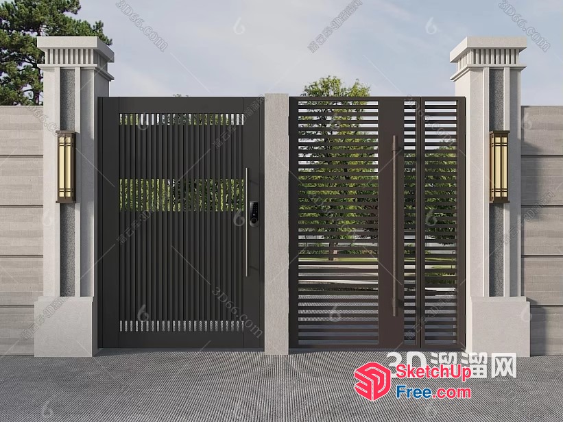 Black Gate With Pillars And Wall Lighting 3D SketchUp File