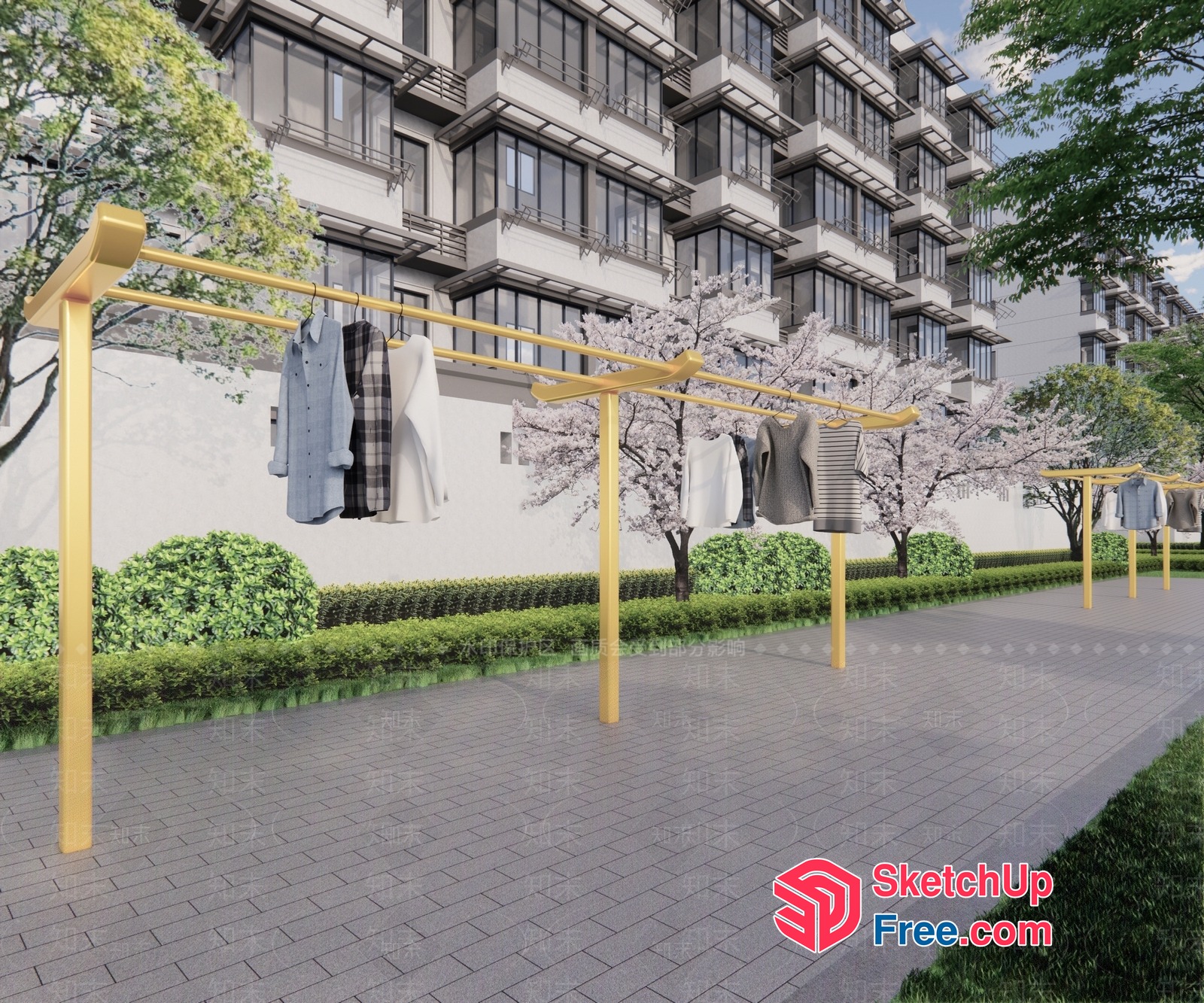 Outdoor Clothesline With Yellow Poles And Trees 3D SketchUp File