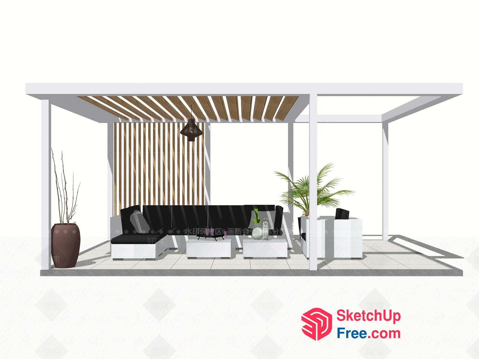 Modern Outdoor Seating Area With White Pergola And Black Furniture 3D SketchUp File