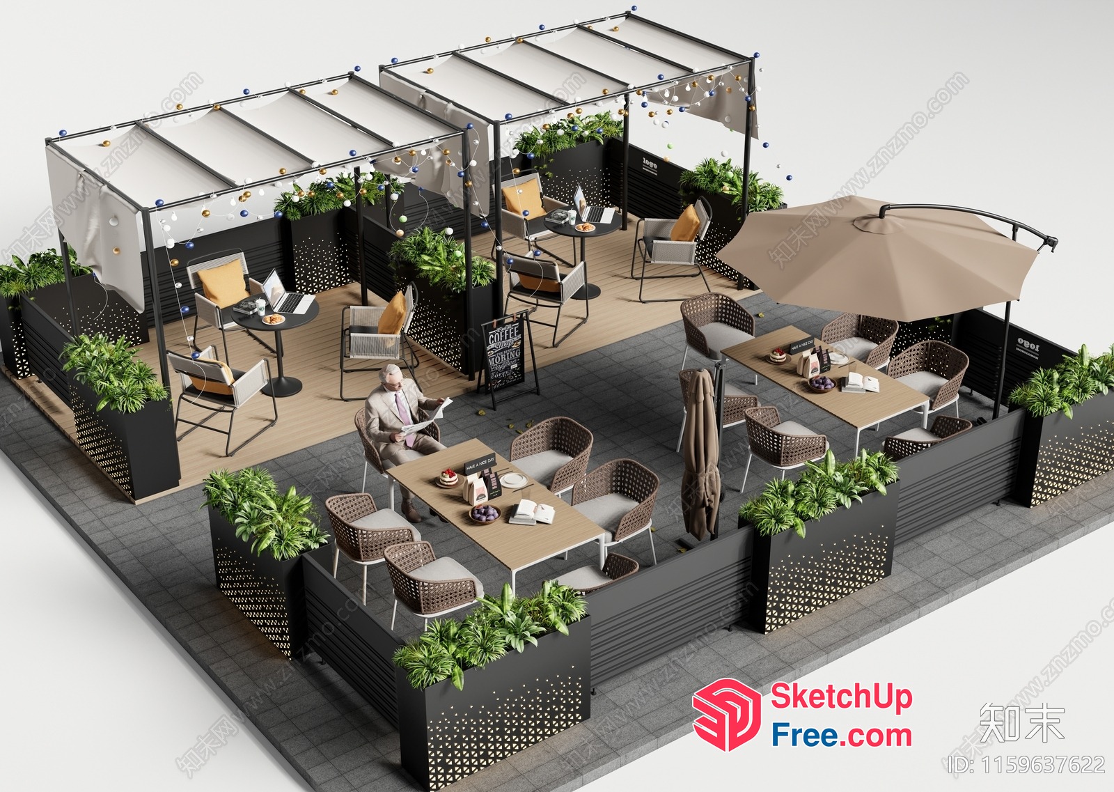 Modern Outdoor Cafe With Elegant Furniture And Greenery 3D SketchUp File