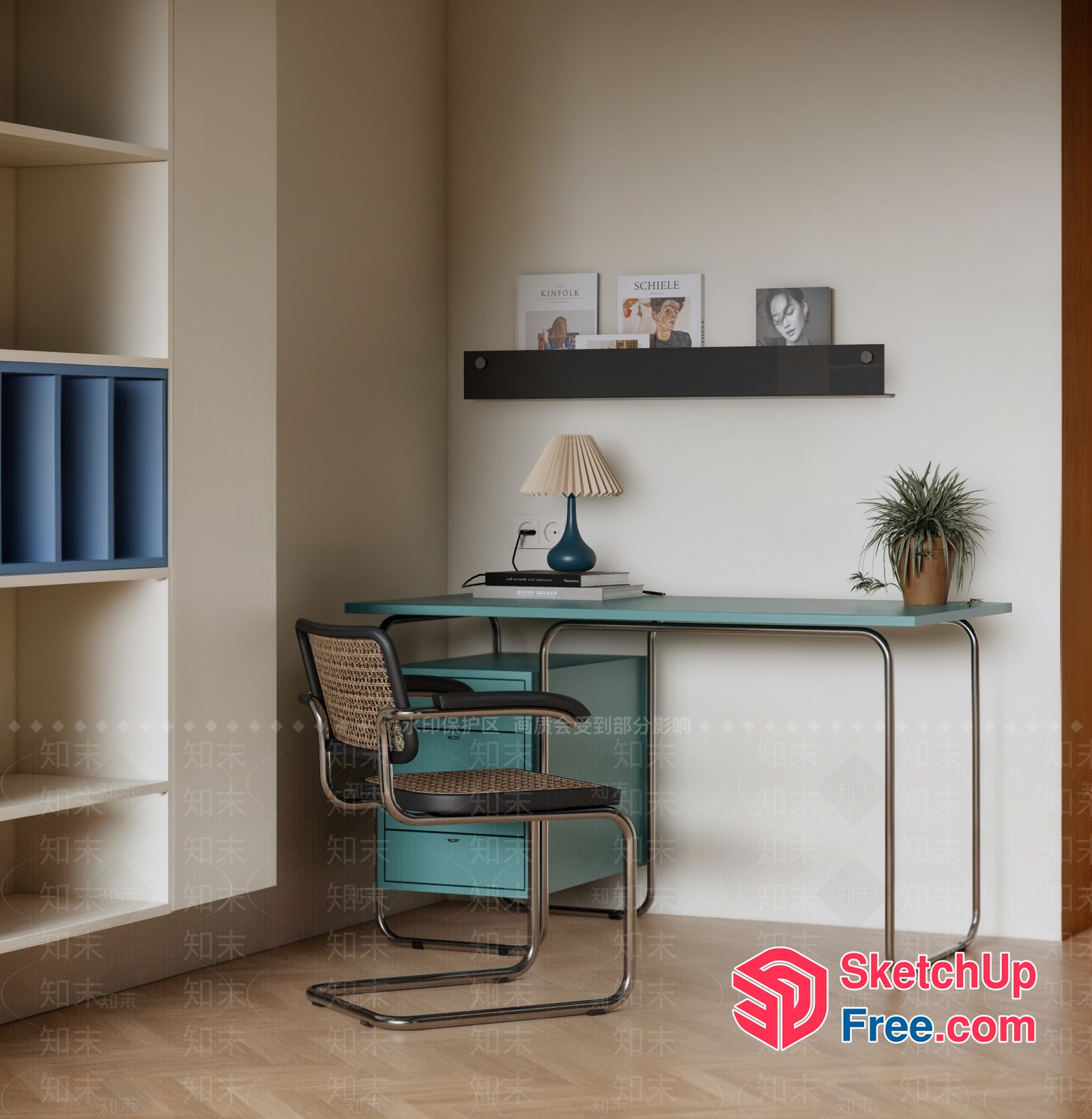 Modern Minimalist Study Corner With Teal Desk And Chair 3D SketchUp File