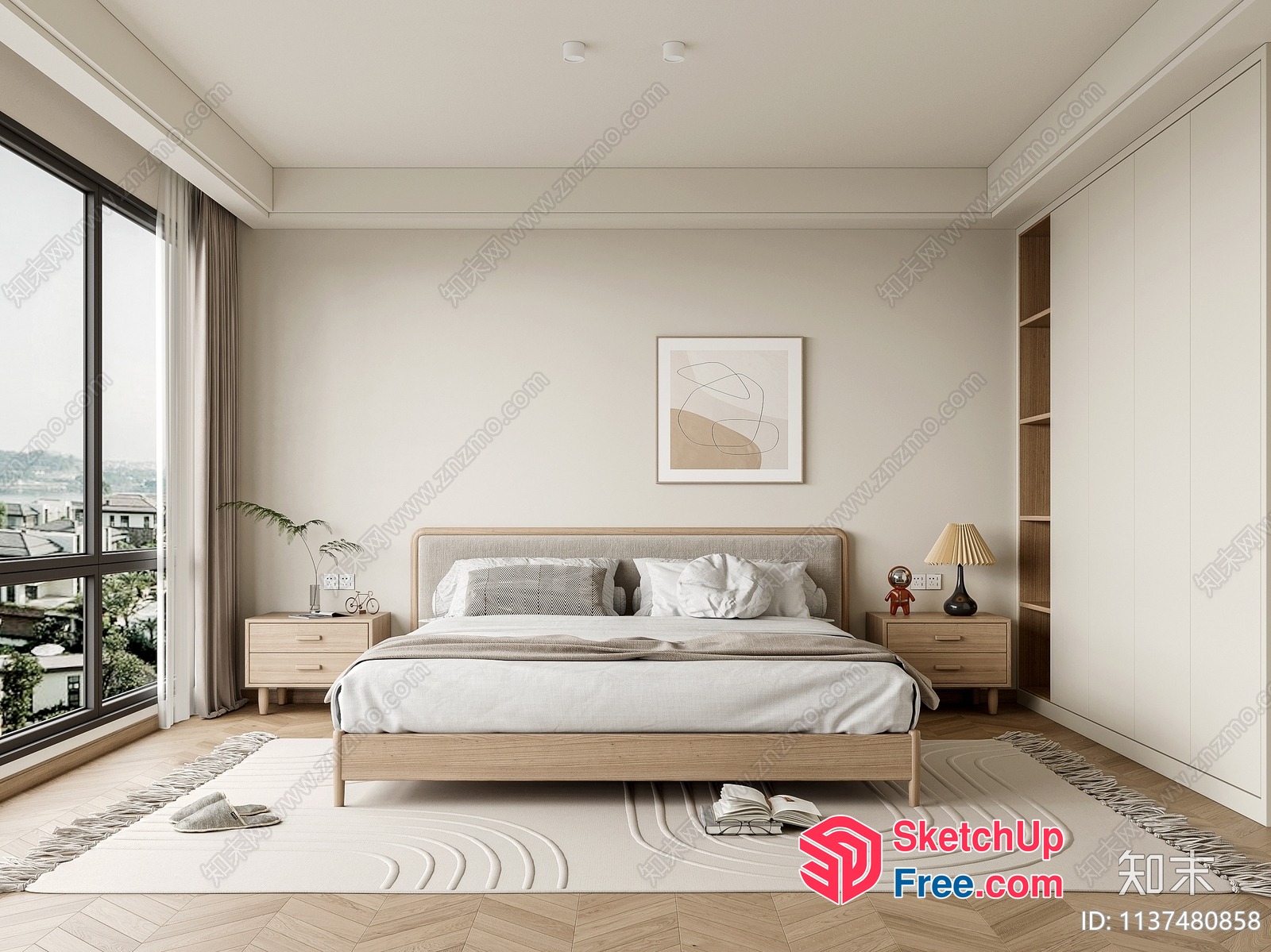 Modern Minimalist Bedroom With Large Window And Bed 3D SketchUp File