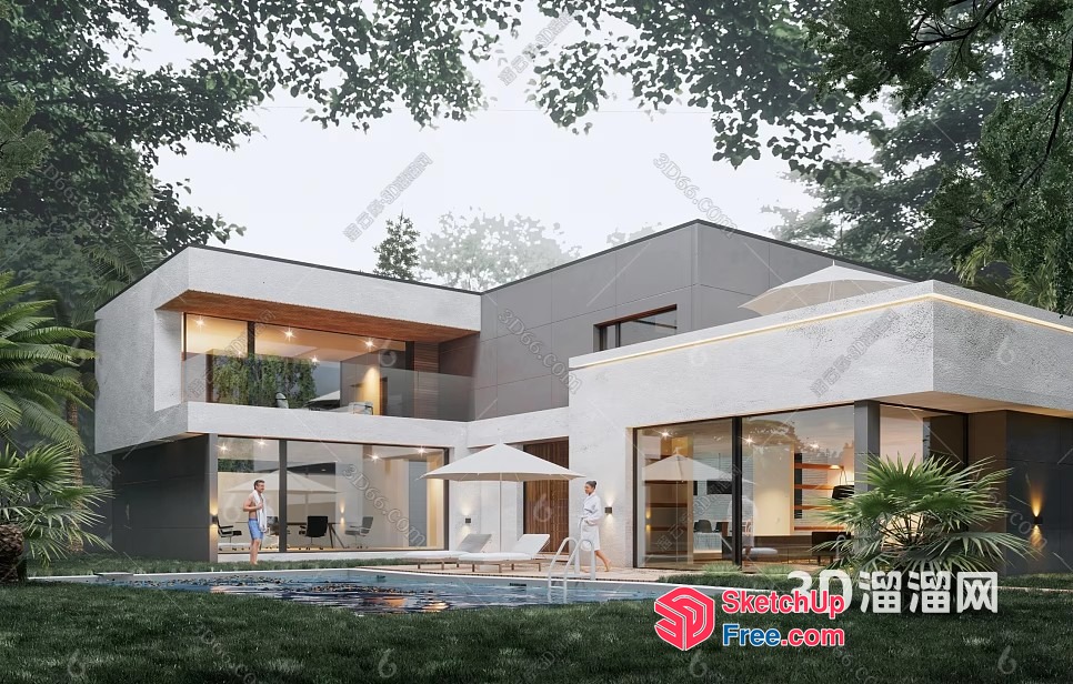 Modern Villa Exterior With Pool And Lush Greenery 3D SketchUp File