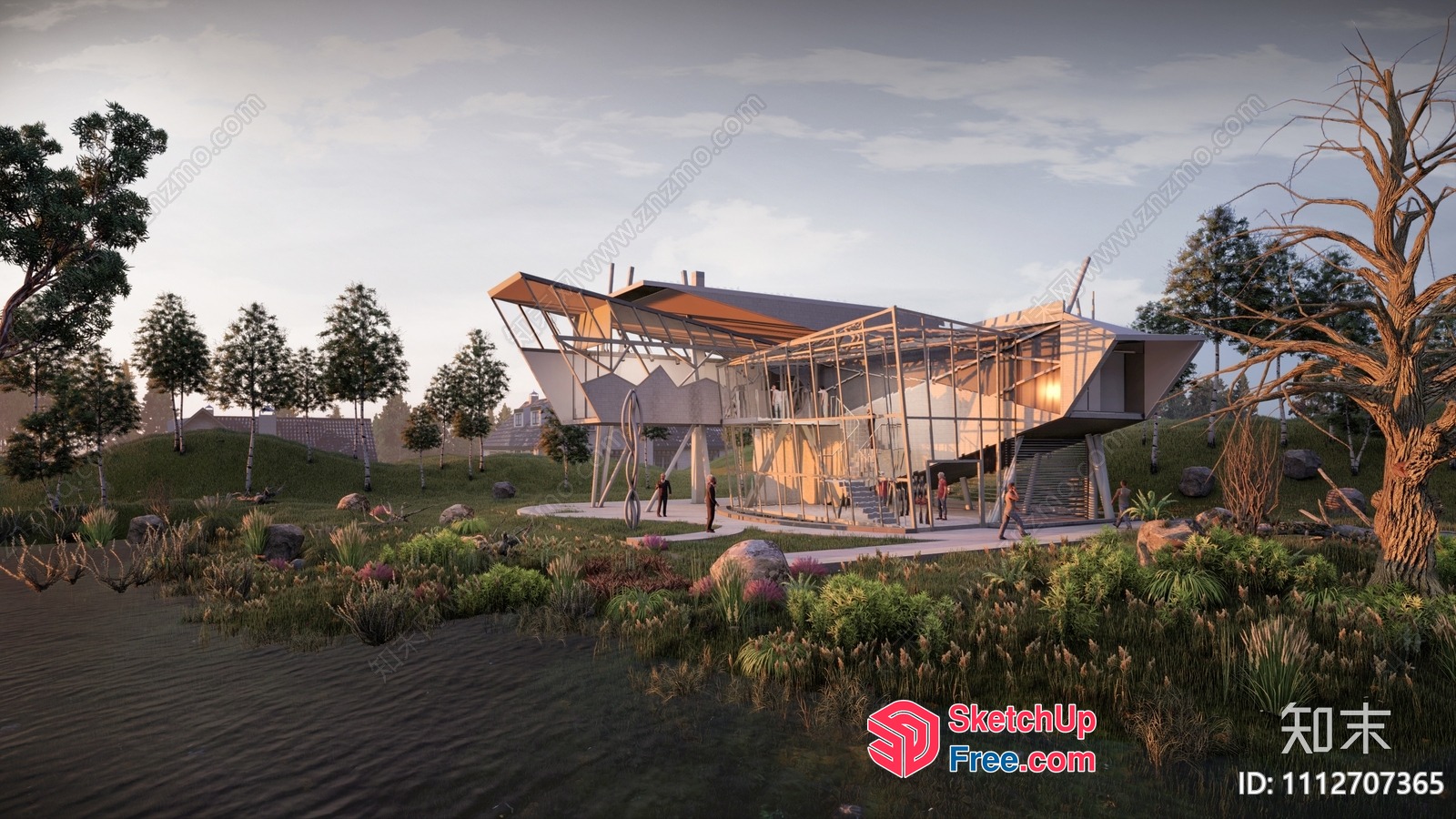 Modern Glass And Metal Building With Unique Roof Synthesis 3D SketchUp File