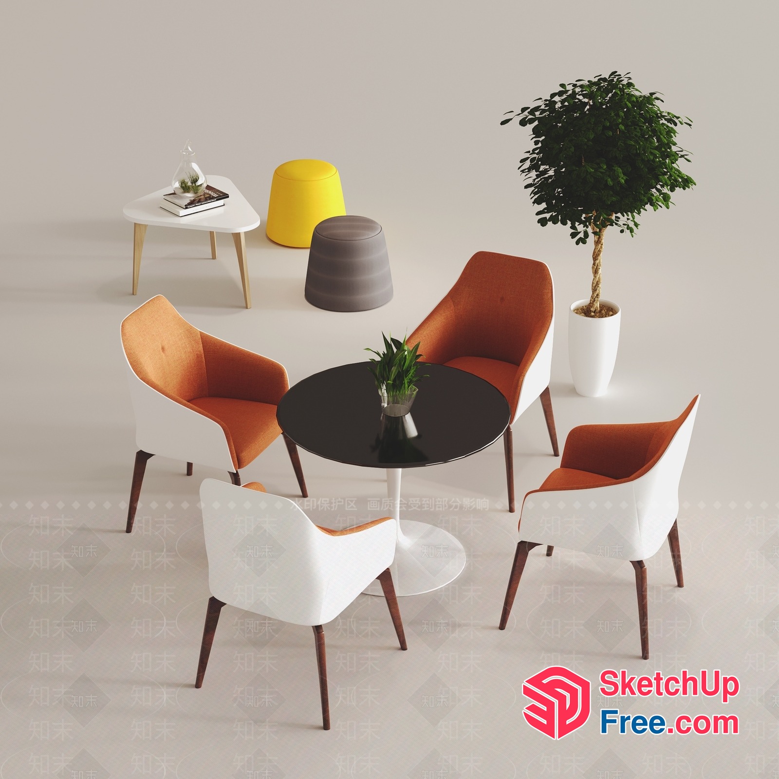 Modern Office Furniture Set With Plants And Tables 3D SketchUp File