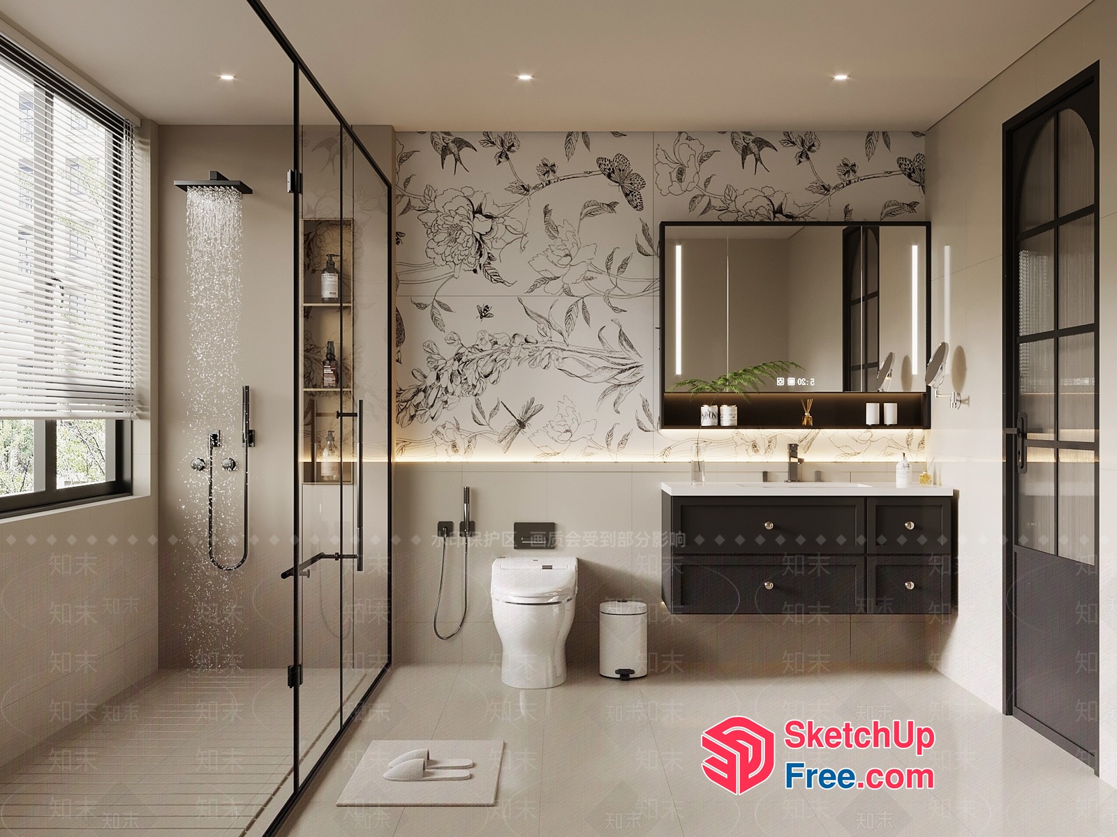 Elegant Modern Bathroom With Floral Wallpaper And White Fixtures 3D SketchUp File