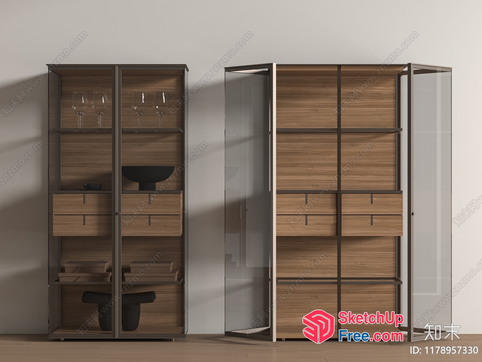 Modern Wooden Storage Units With Glass Doors 3D SketchUp File