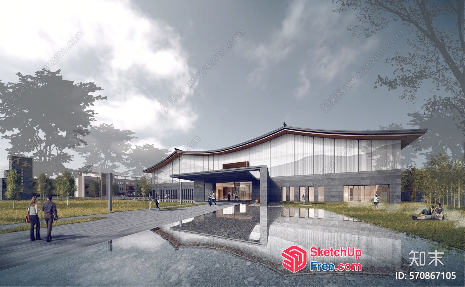 Modern Asian-Inspired Building Exterior With Elegant Glass Facade 3D SketchUp File