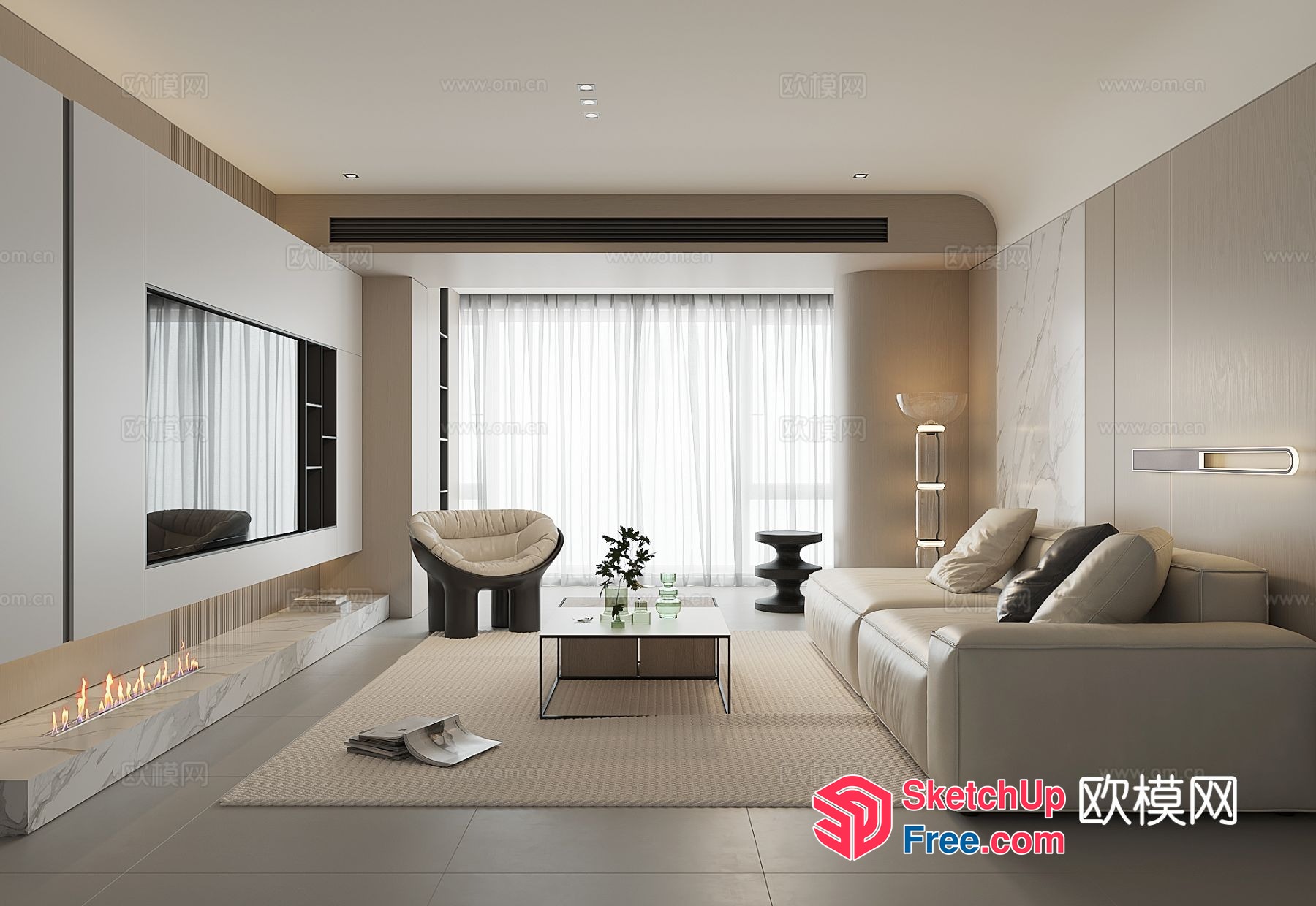 Modern Minimalist Living Room With Fireplace 3D SketchUp File