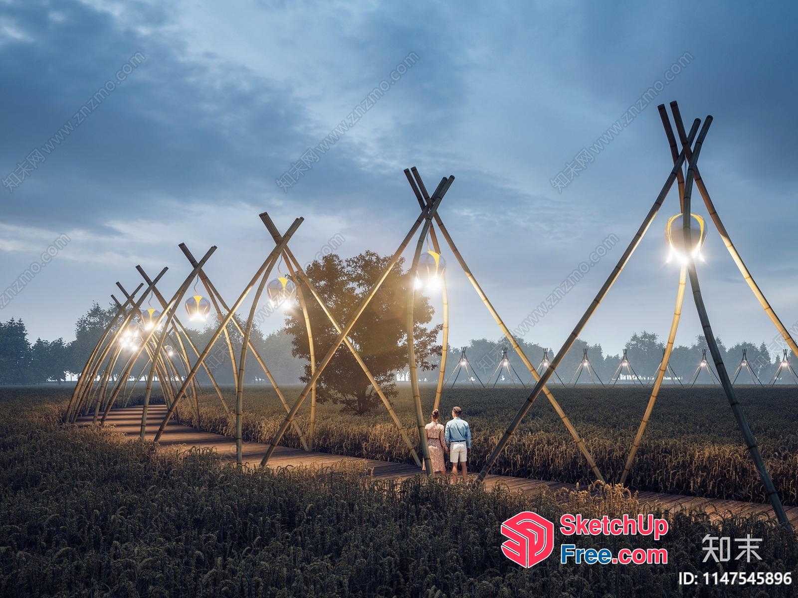 Modern Bamboo Teepee Structures Illuminated At Dusk 3D SketchUp File