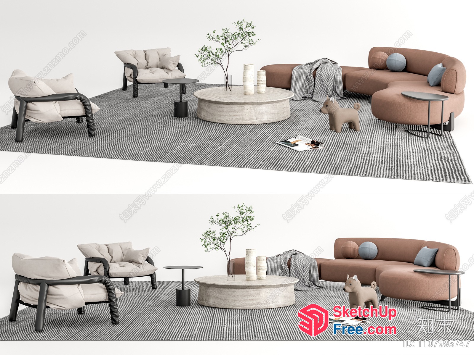Modern Living Room Furniture Set With Curved Lines And Neutral Colors 3D SketchUp File