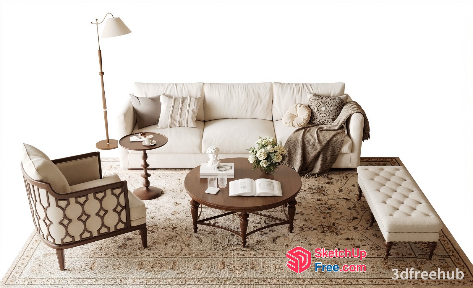 Elegant Creamy Style Living Room Furniture 3D SketchUp File