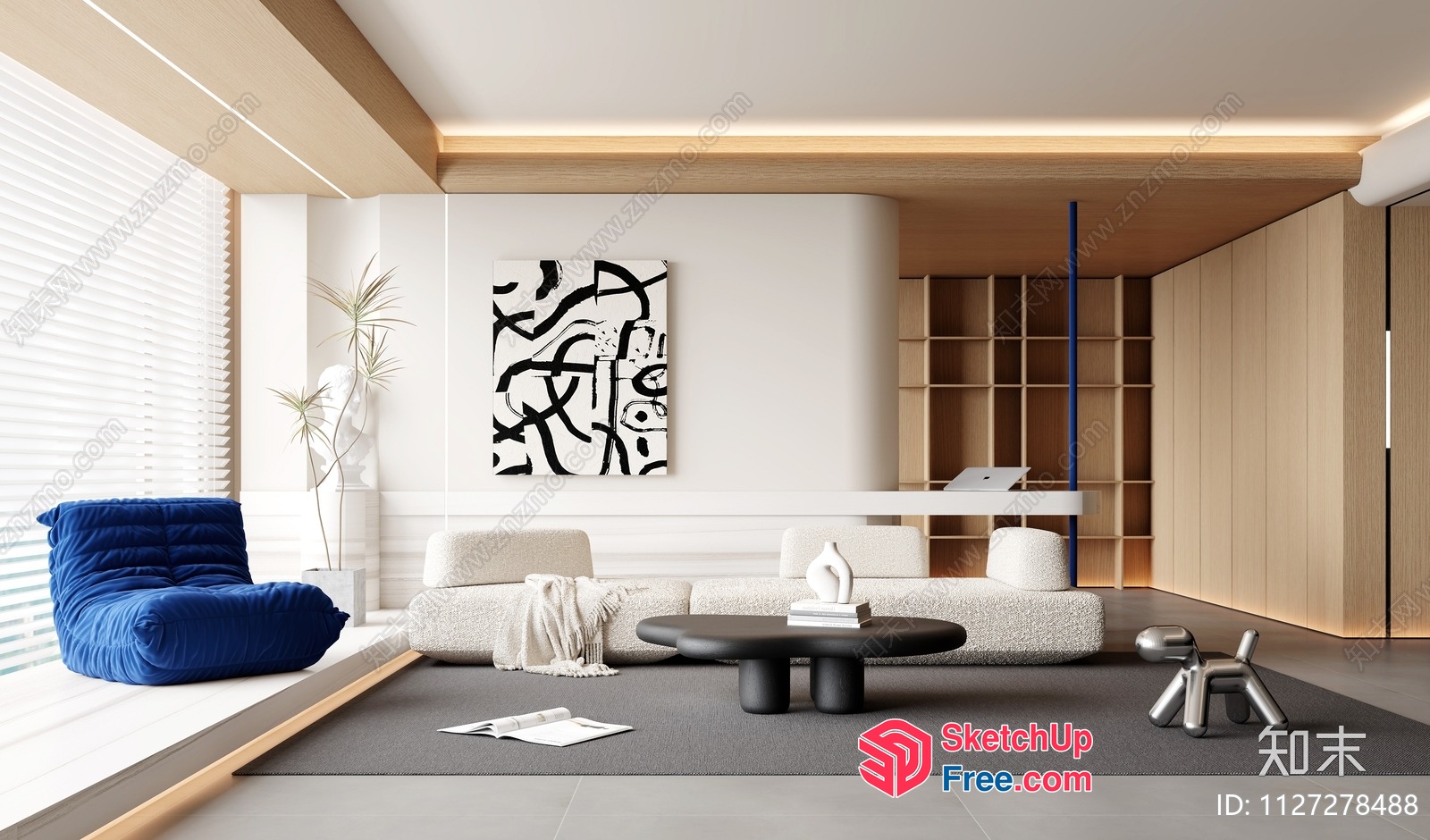 Modern Minimalist Japanese-Style Living Room With White And Grey Tones 3D SketchUp File