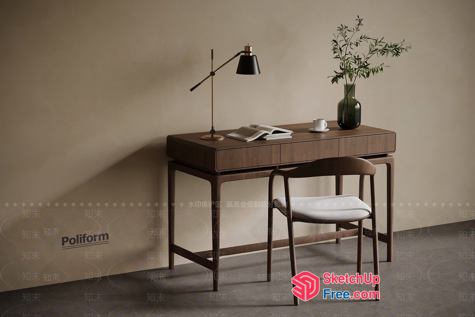 Poliform Minimalist Scandinavian Desk And Chair Set 3D SketchUp File