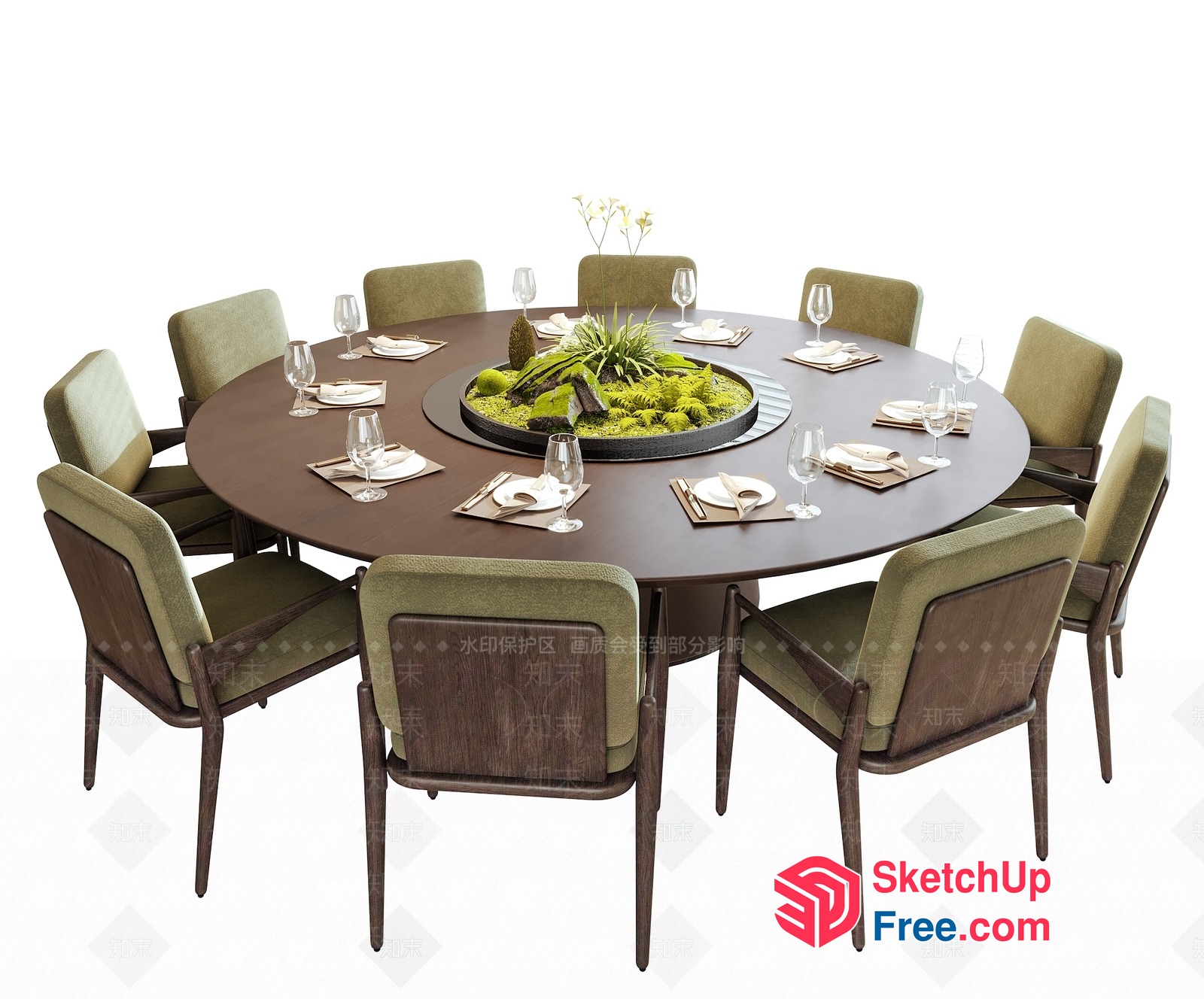 Elegant Round Dining Table With Green Chairs And Centerpiece 3D SketchUp File
