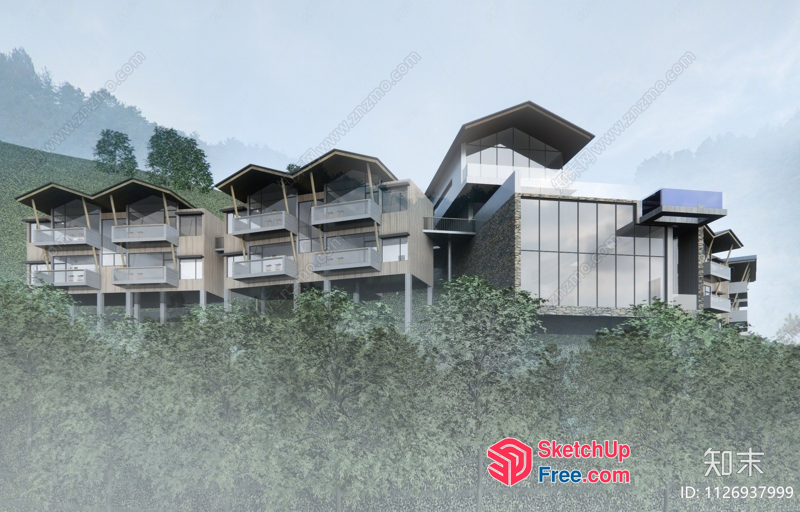 Modern Glass And Wood Exterior Building 3D SketchUp File