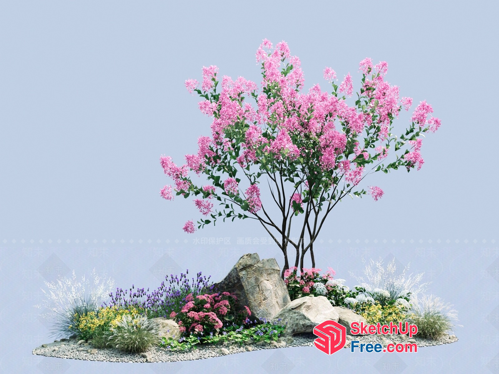 A Beautifully Decorated Garden With Flowers And Rocks 3D SketchUp File