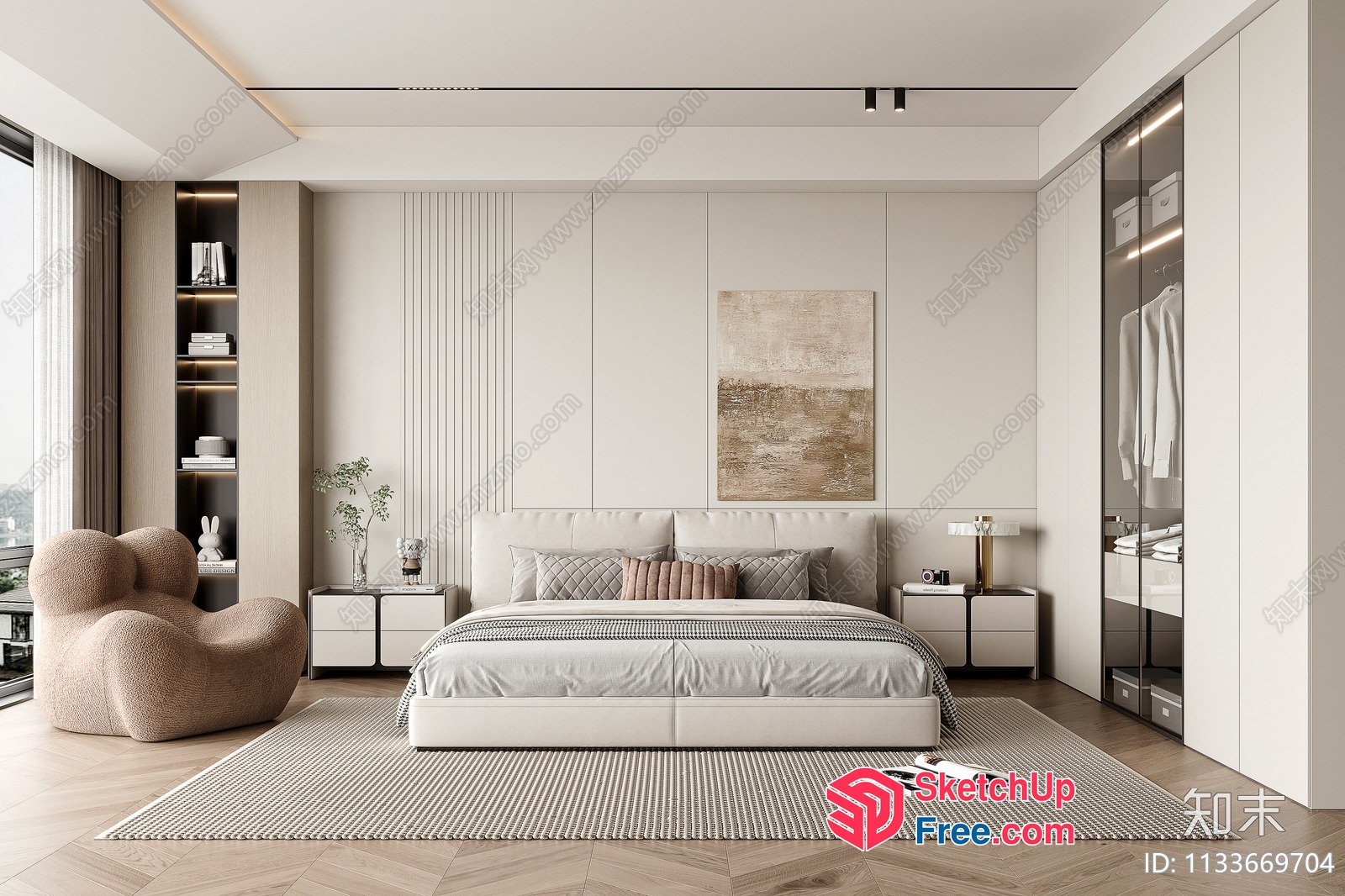 Modern Minimalist Bedroom Interior With Neutral Color Palette 3D SketchUp File