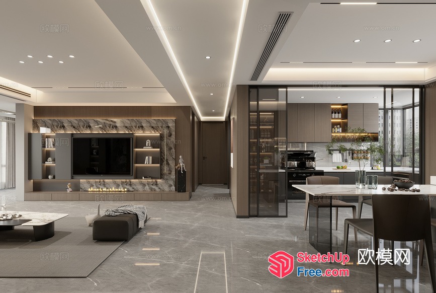 Modern Living Room And Kitchen With Marble Flooring 3D SketchUp File