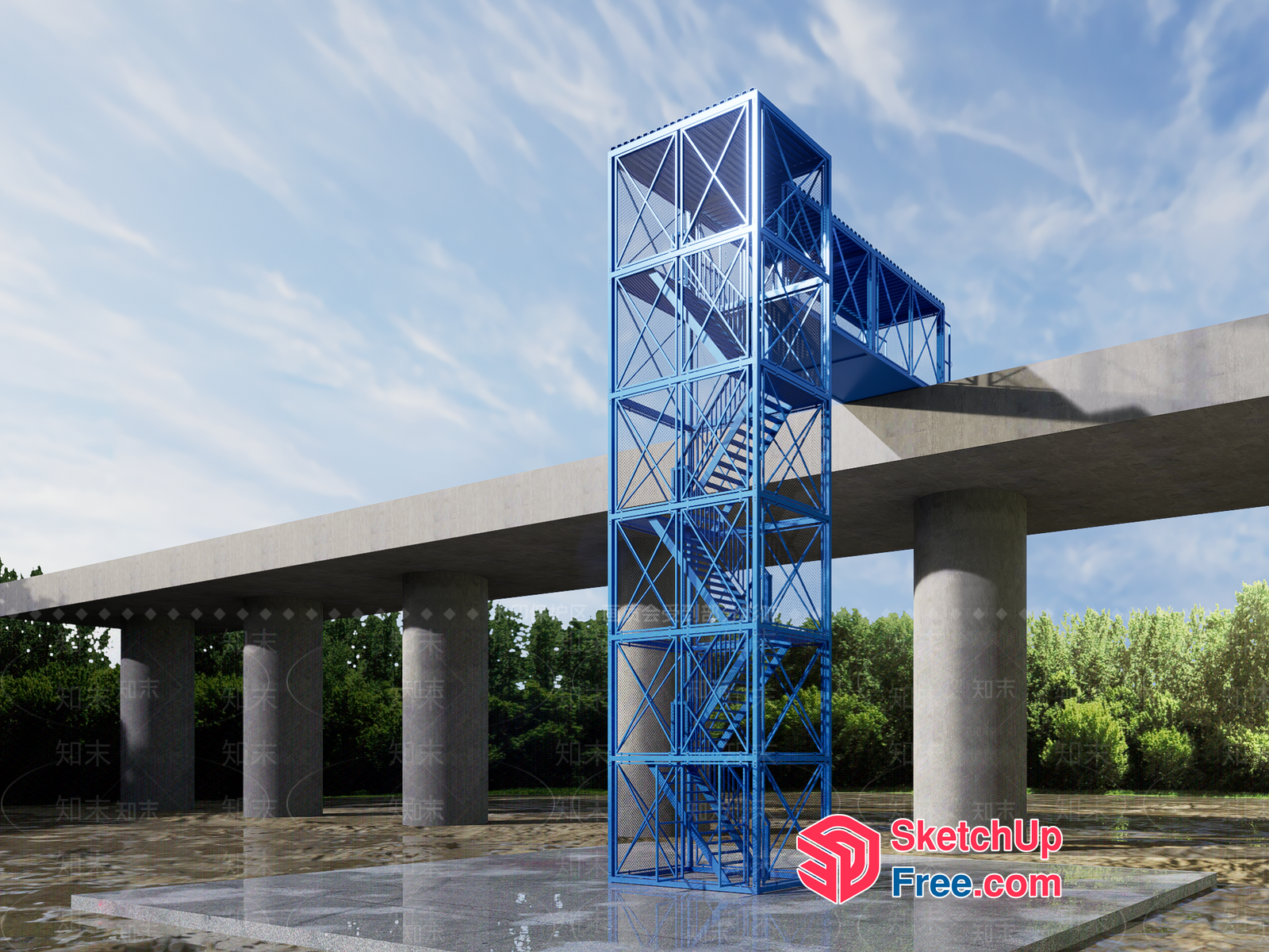 Blue Staircase And Pillars In Concrete Building 3D SketchUp File
