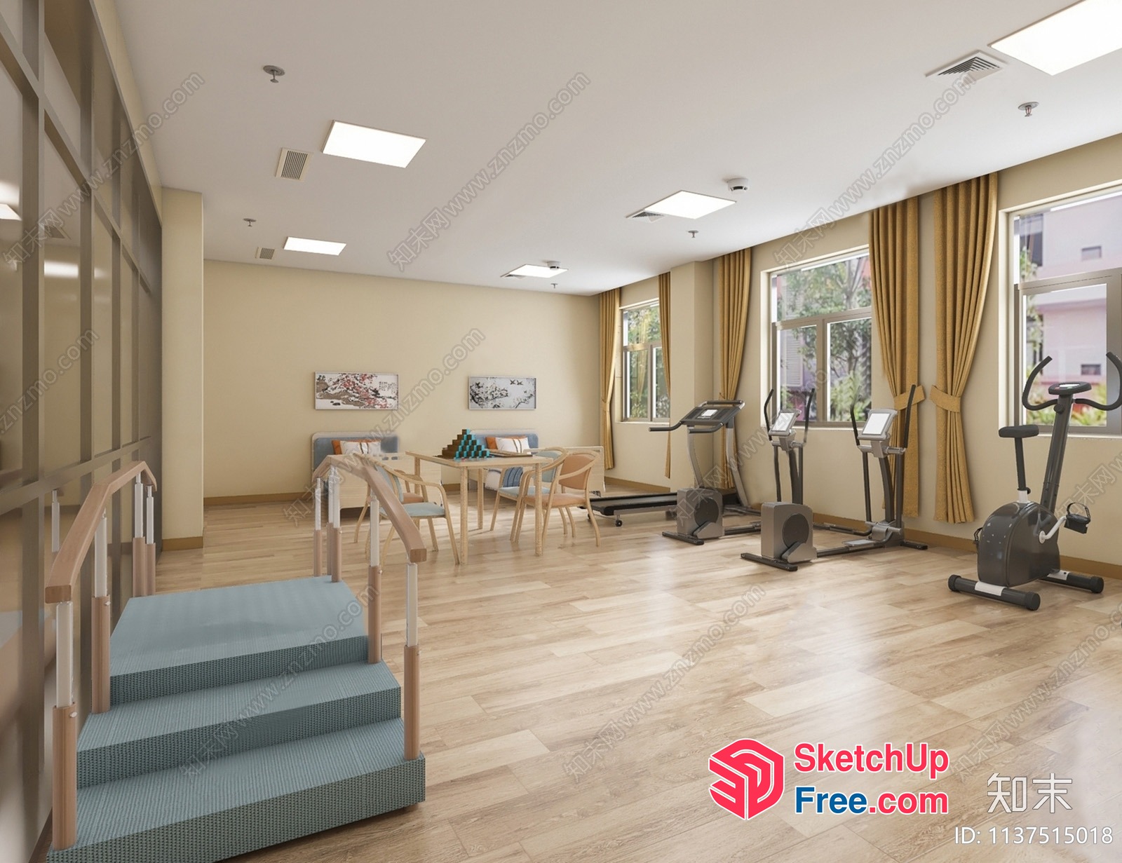 Spacious Modern Gym Interior With Stairs And Exercise Equipment 3D SketchUp File