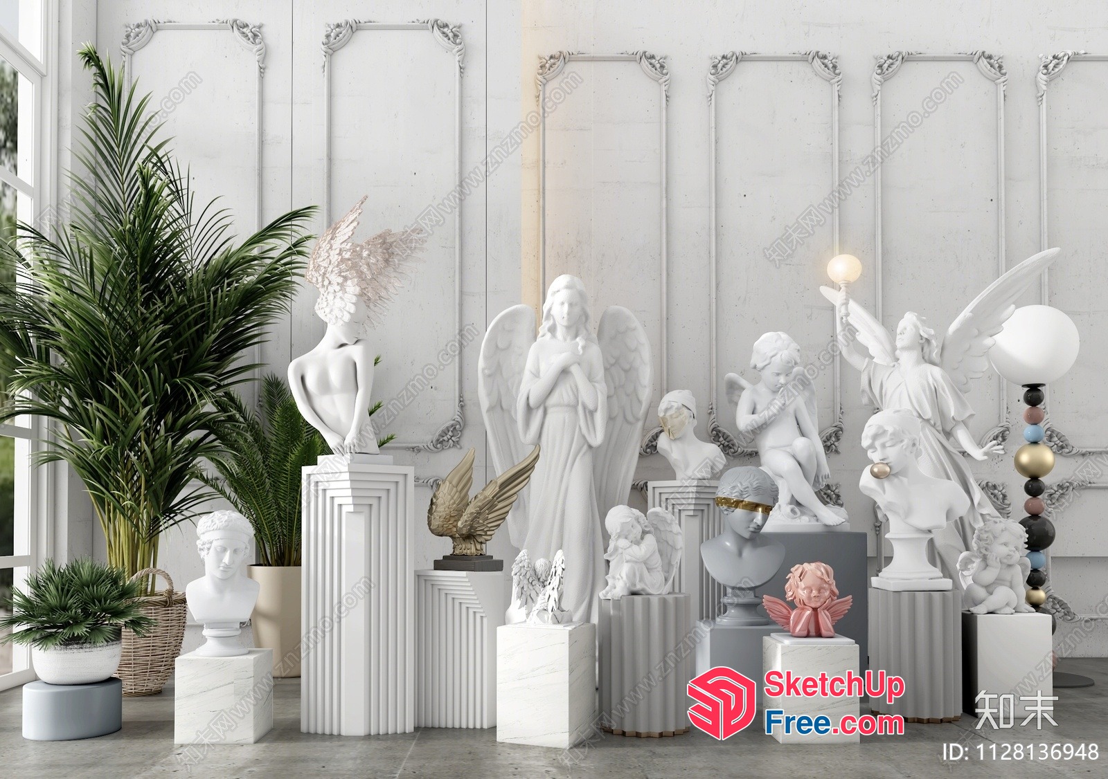 Angelic Interior Decor With Statues And Plants 3D SketchUp File